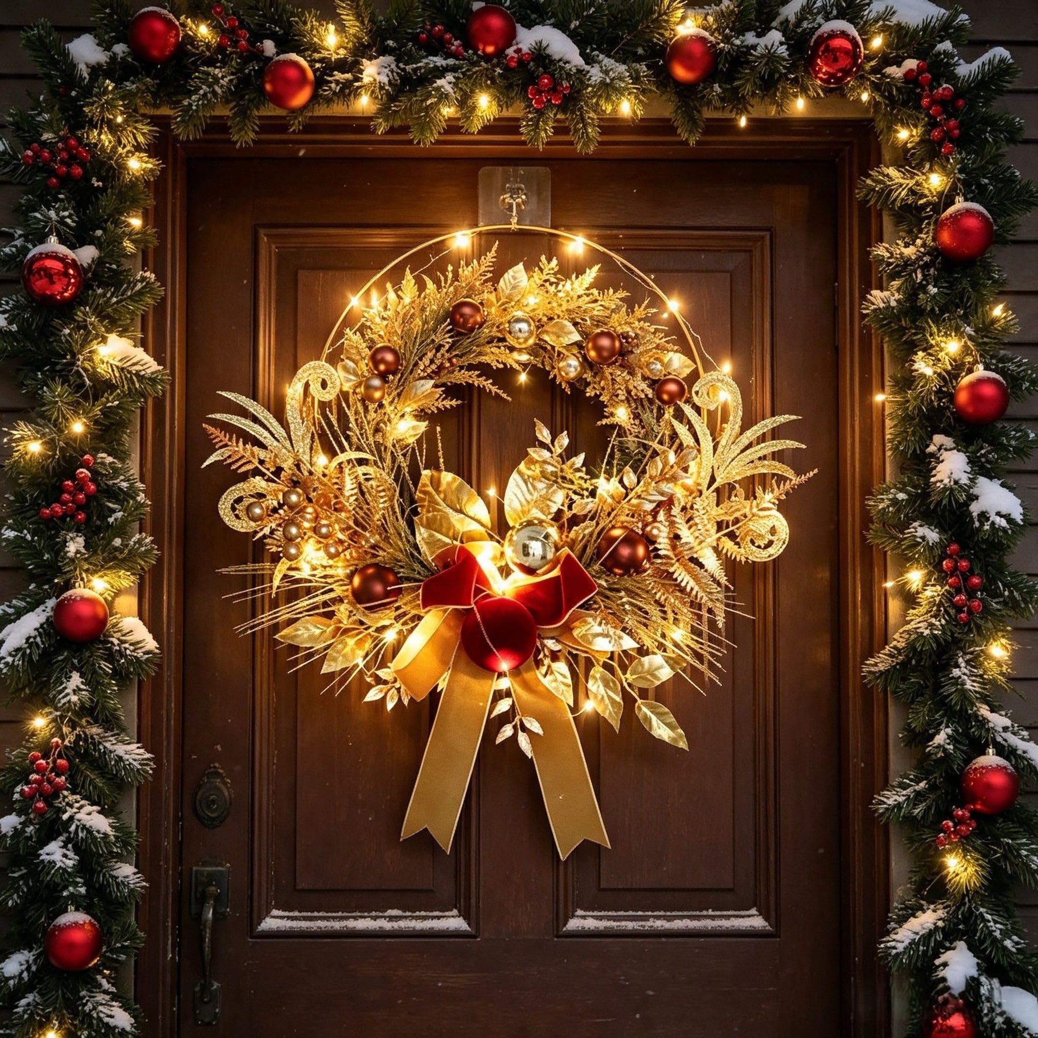 Corona de Navidad dorada, luces LED de terciopelo de 17.7 pulgadas, bolas metálicas de arco