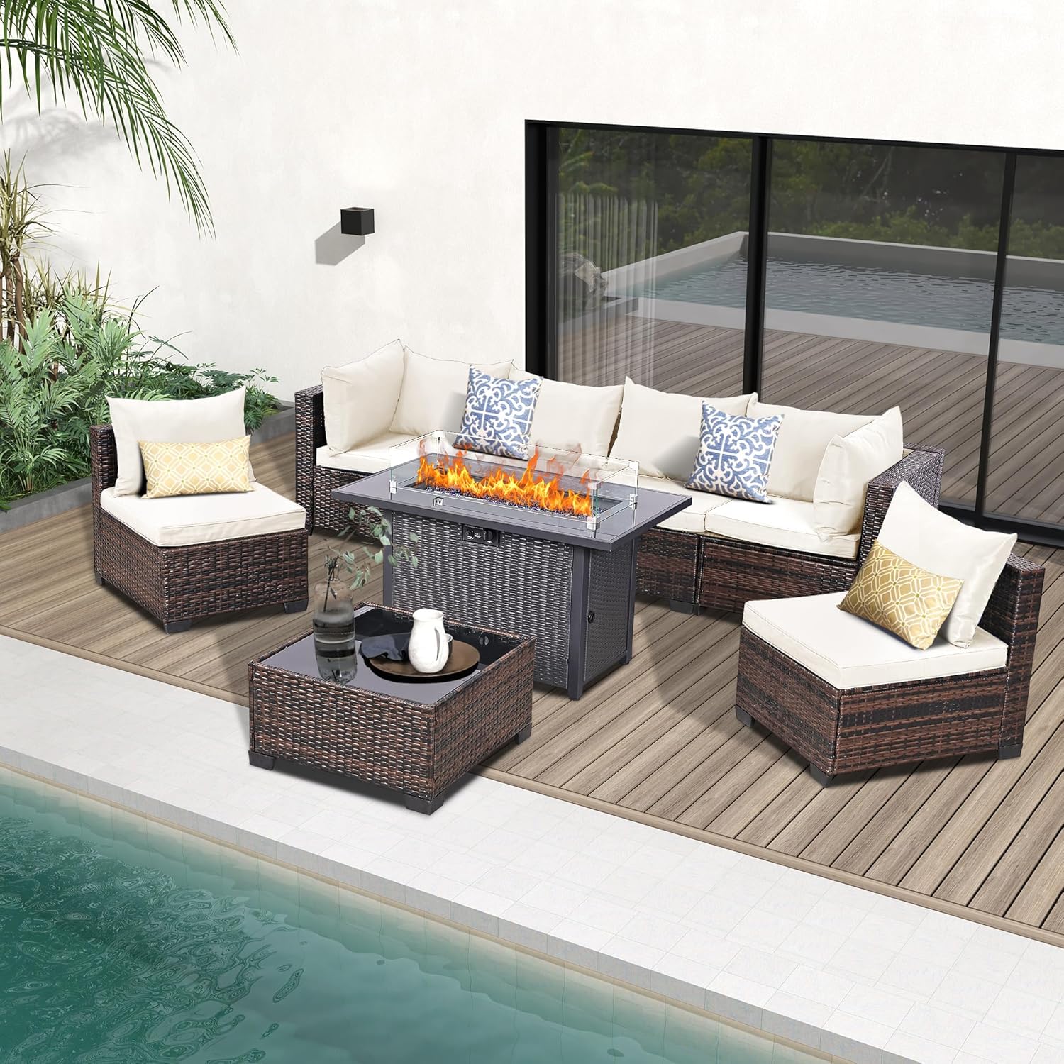 8-Piece Patio Furniture Set with 43" Fire Pit Table, Wicker Outdoor Conversation Set Sectional Sofa with Thick Cushions & Coffee Table, for Backyard, Poolside, Garden, Brown-Beige
