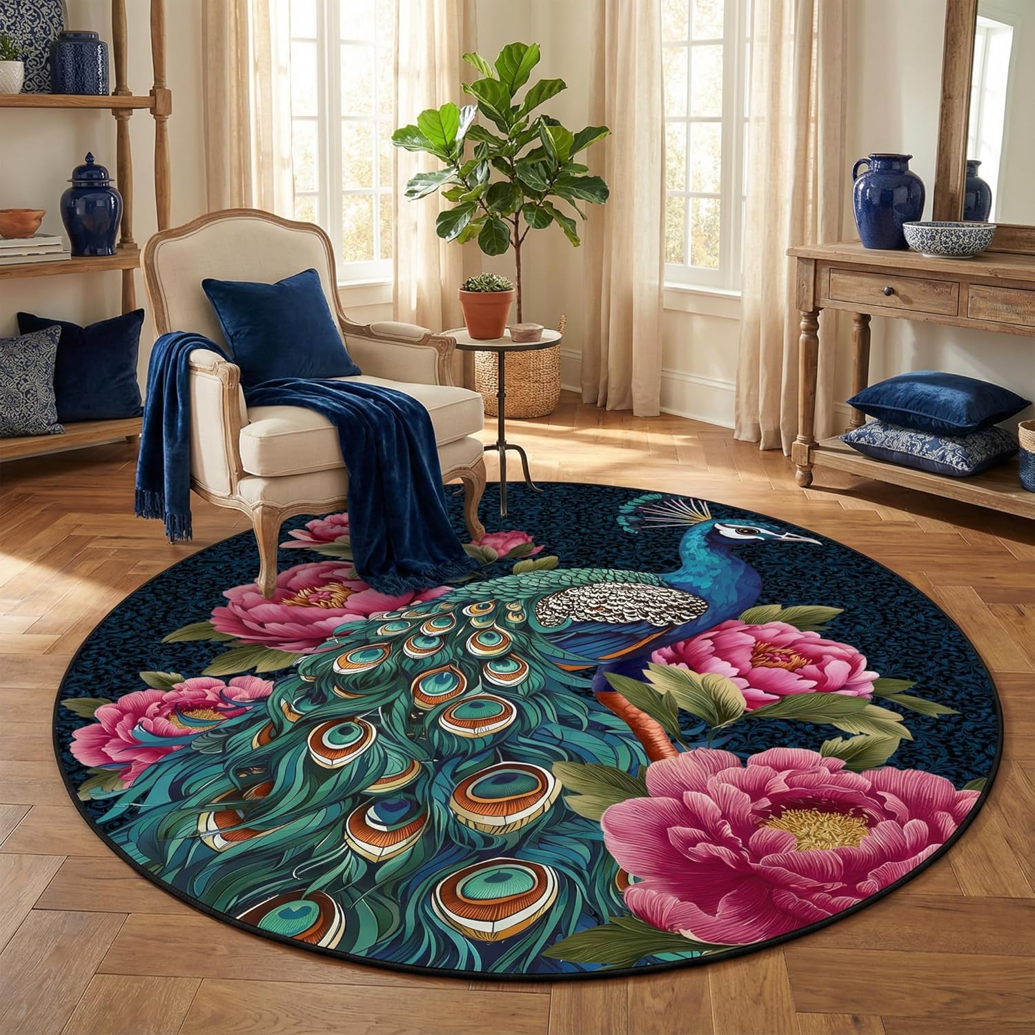 CCoutueChen Peacock 4x4 Washable Round Rug, Boho Vintage Floral Birds Indoor Floor Carpet Mat, Soft Non Slip Low Pile Rug for Kids' Room/Bedroom/Living Room, Navy Blue Brown