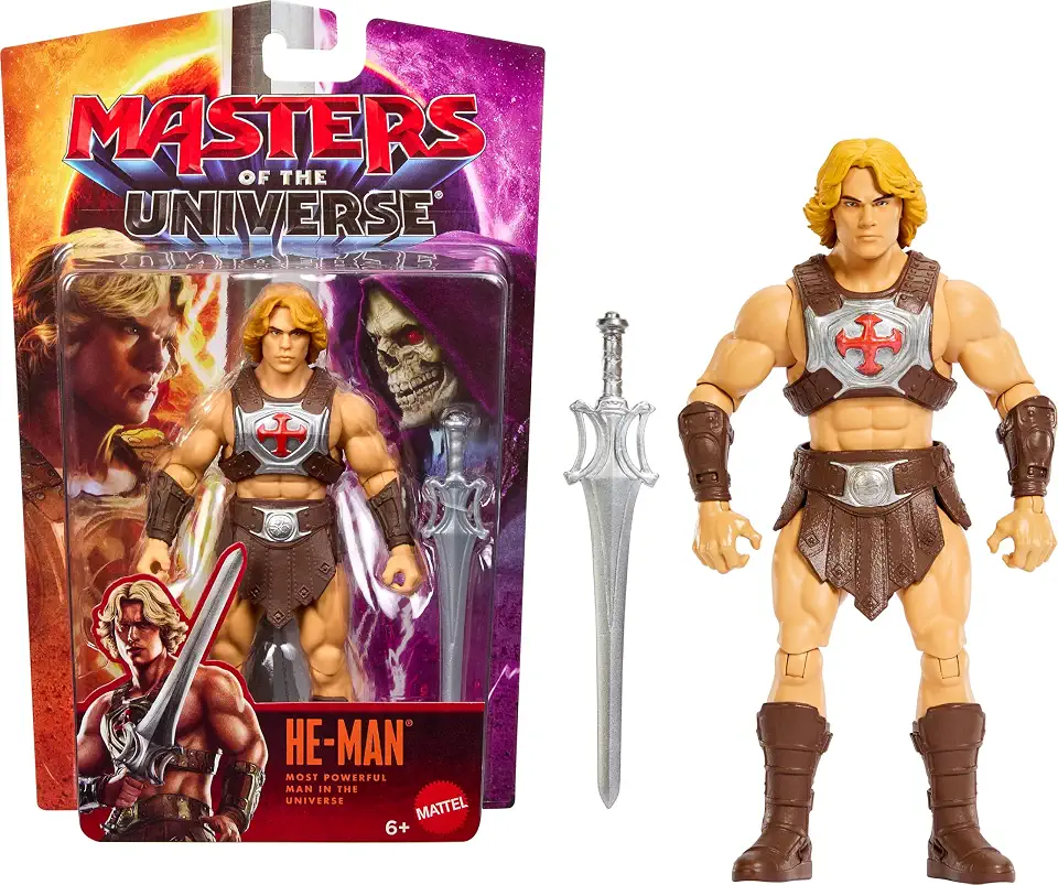 Boneco Articulado He-Man MOTU First Ones Mattel. Herói de Eternia com aprox. 14 cm, função de batalha e espada do poder. Para crianças e fãs a partir de 6 anos.