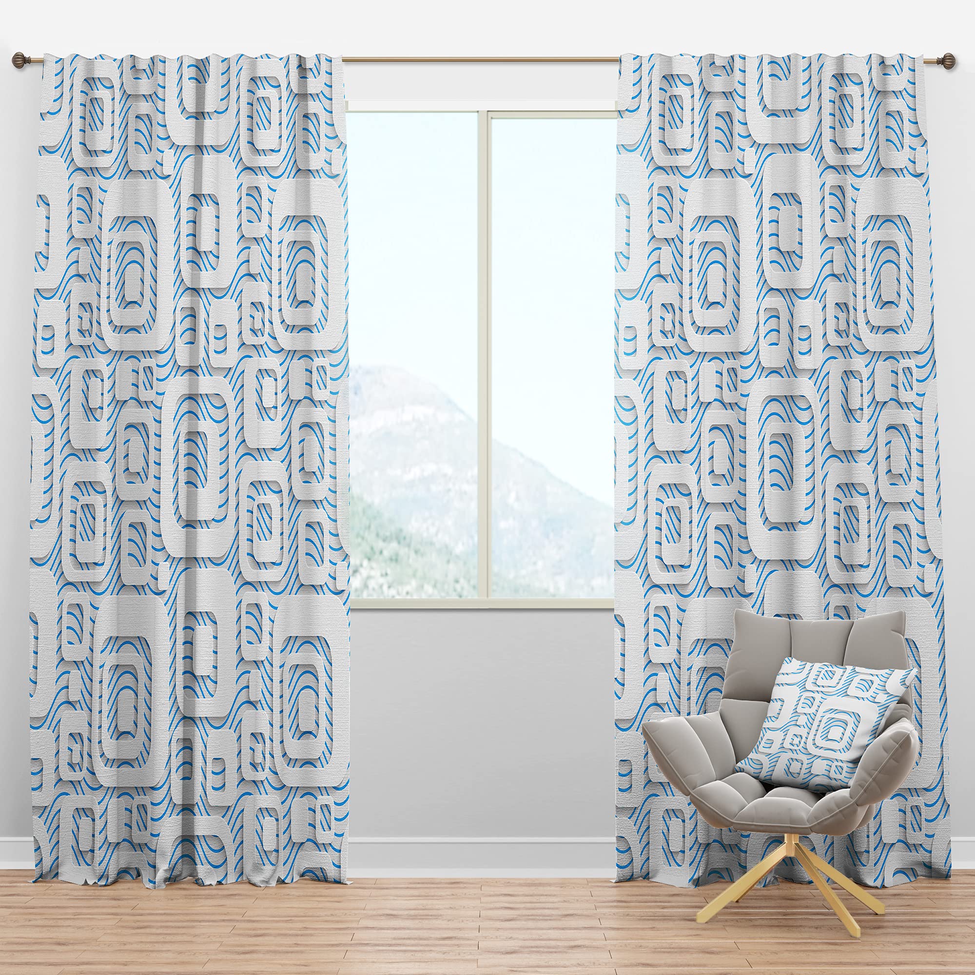 Rideau occultant graphique du milieu du siècle en tissu lourd motif 3D bleu blanc