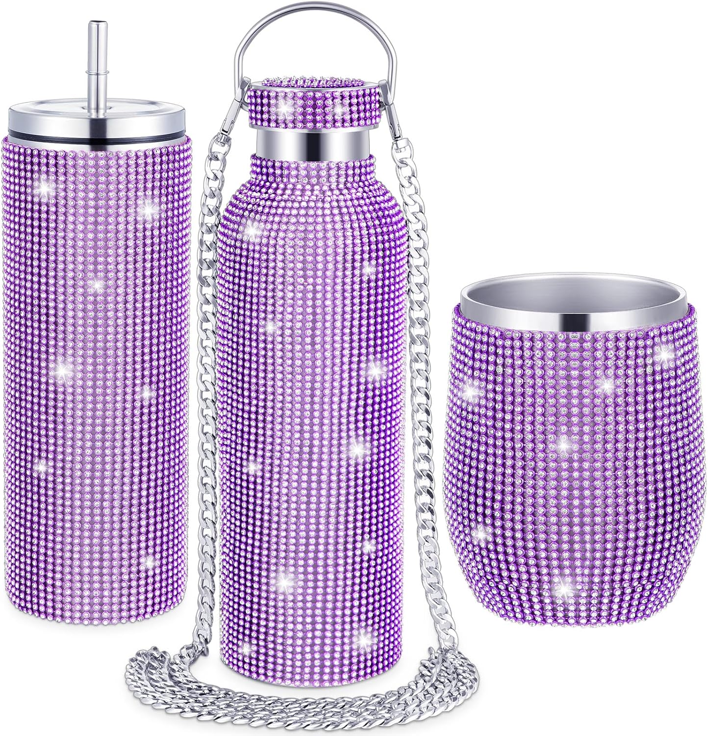 Rtteri 3 Pcs Bling Water Bottle Rhinestone Stainless Steel Bling Cup Stemless Glitter Tumbler Insulated Rhinestone Tumbler with Chain, Lid and Straw for Women Coffee Martini Wine Cups (Purple)