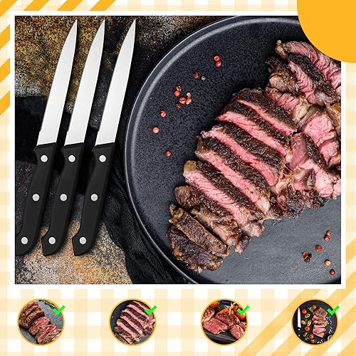Miniatura 5 de Lasnten Juego de 50 cuchillos de carne de 8.67 pulgadas de borde fino de acero inoxidable no dentados, cuchillos rectos triples remachados para