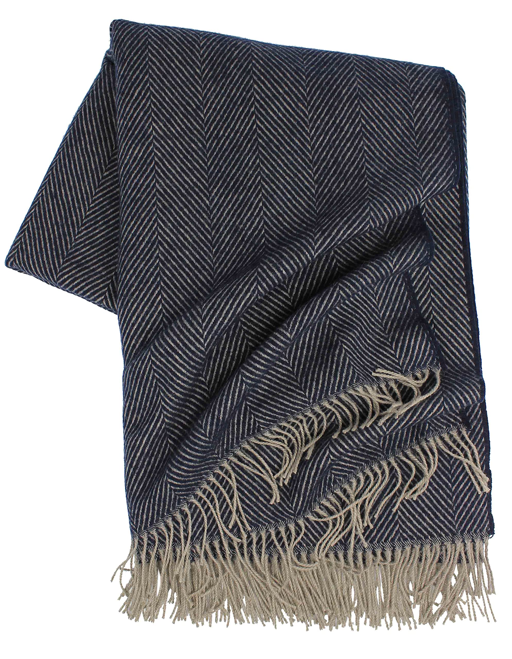 Couverture en laine mérinos marine style chevrons pour lit et canapé