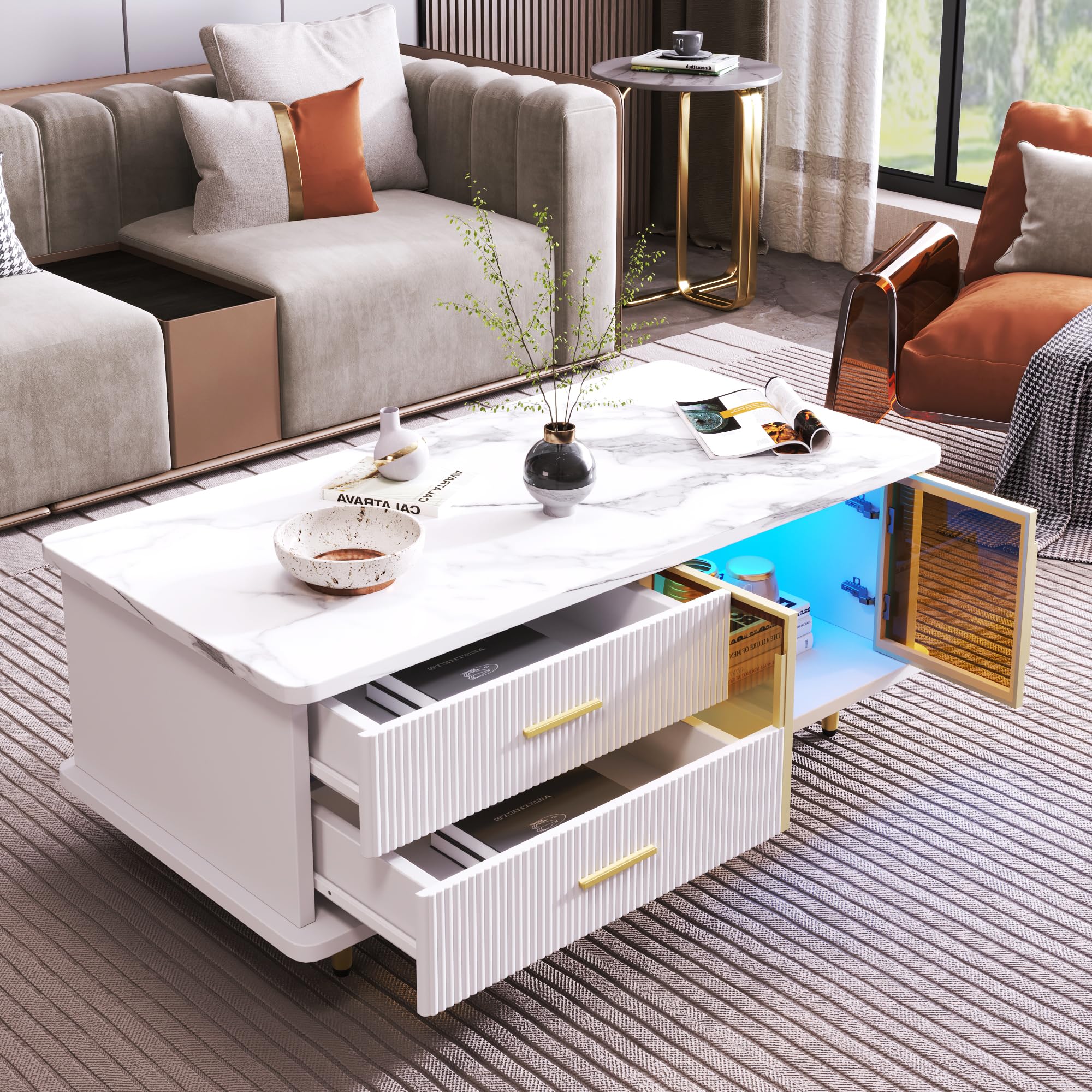 BTM Table Basse Salon avec LED, Table Basse Blanc Moderne avec 2 Portes et 2 Tiroirs, Texture Marbré et Designs Dorés, Charge 80kg, 100x50x40 cm, Blanc