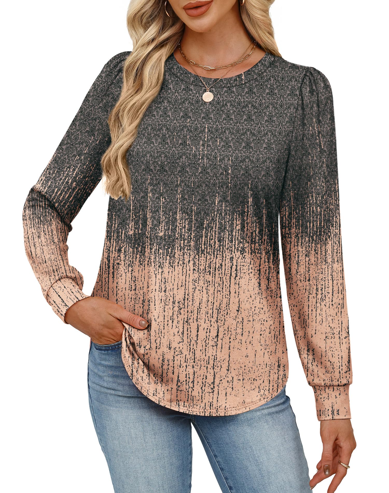 Alaroo Womens Long Sleeve Shirts 2025 Fall Tunic Tops Crewneck Blouses Print