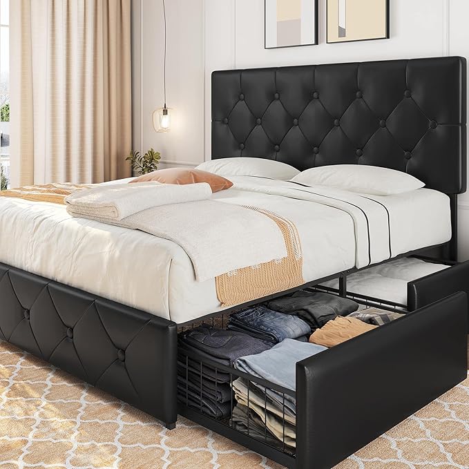 Yaheetech Upholstered Bed Frame with 4 Storage Drawers and