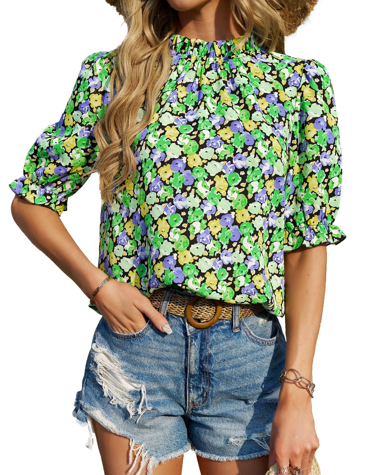 BTFBM Womens Tops 2026 Dressy Casual Blouses Summer Spring Clothes Mock Neck Short Sleeve Shirts Business Work Fall Outfits