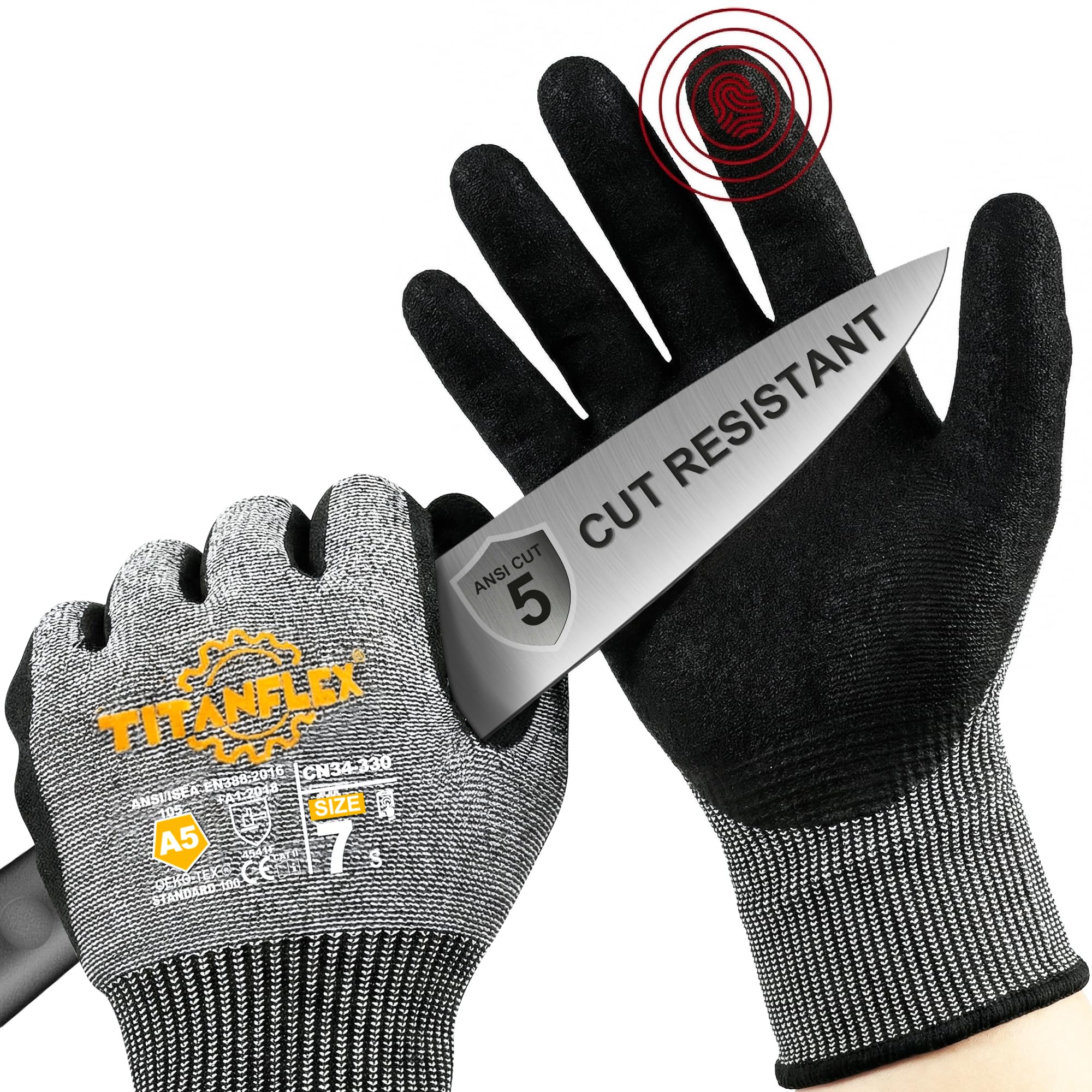 TitanFlex Guantes de trabajo ANSI A5 resistentes a los cortes, agarre antideslizante de nitrilo arenoso, ajuste cómodo 3D, transpirables y duraderos, compatibles con pantalla táctil, lavables a
