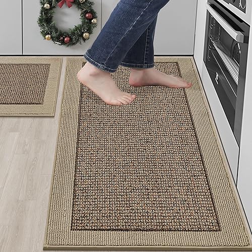 BEQHAUSE Juego de 2 alfombras y tapetes de cocina antideslizantes para piso, absorbentes y resistentes a las manchas, lavables a máquina, para