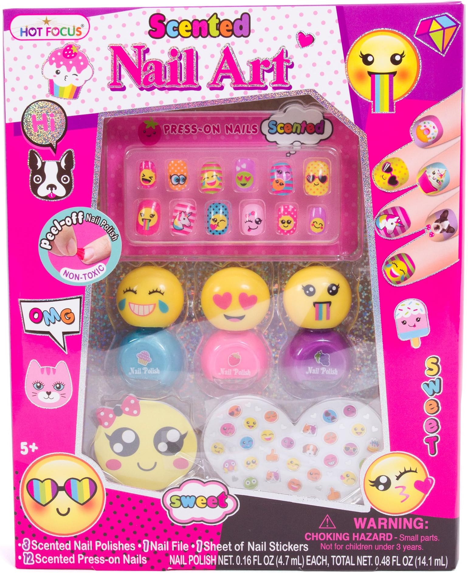 Hot FocusScented Nail Art Kit- Emoji Girls Nail Kit Includes 12 Press on Nails, 3 Nail Polishes, 31 Nail Stickers and a Nail File – Non-Toxic Water Based Peel Off Nail Polish