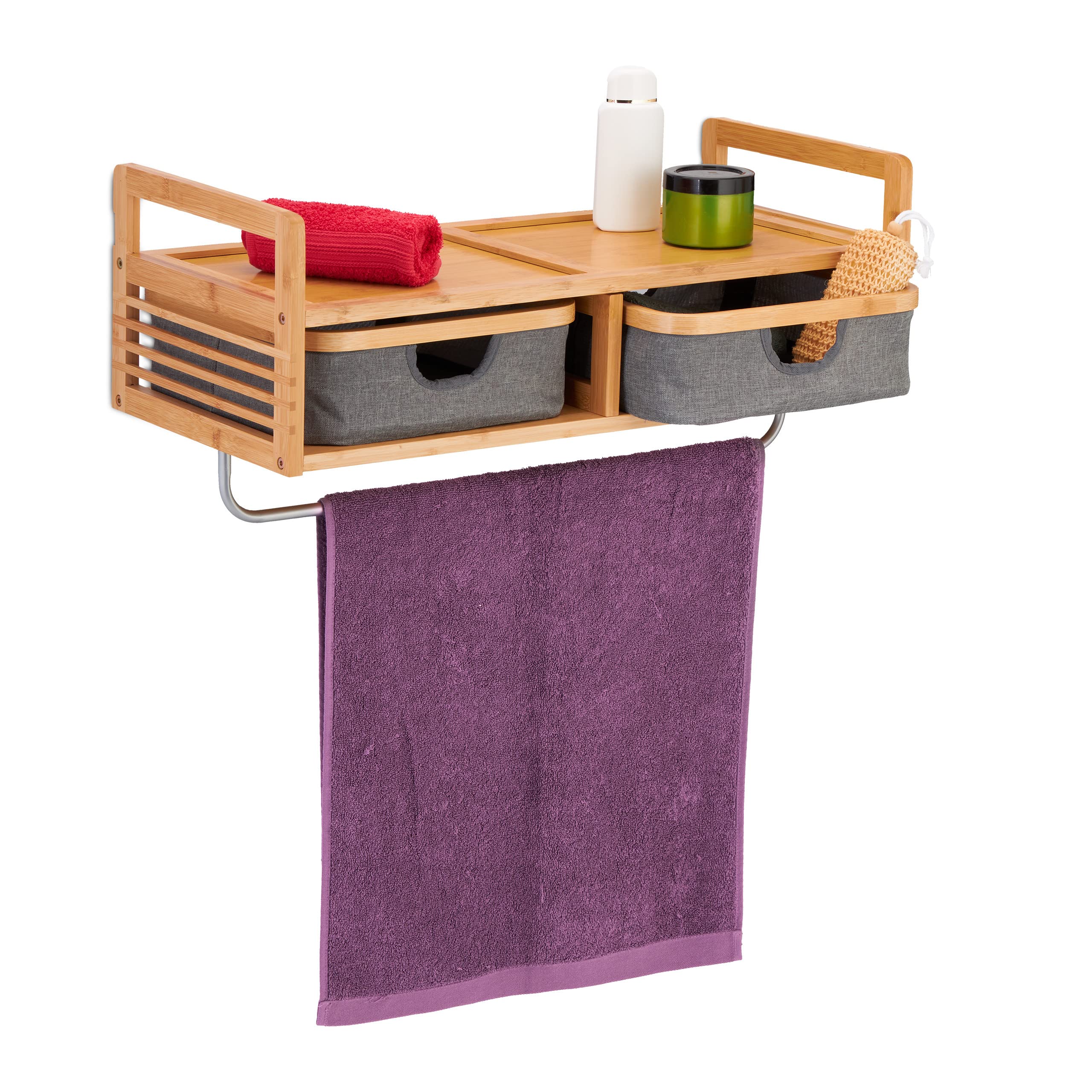 Relaxdays Estantería de Pared con Toallero, Bambú, Estante de Baño, 2 Cajas, Balda Amplia, 30,5 x 67 x 30 cm, Natural