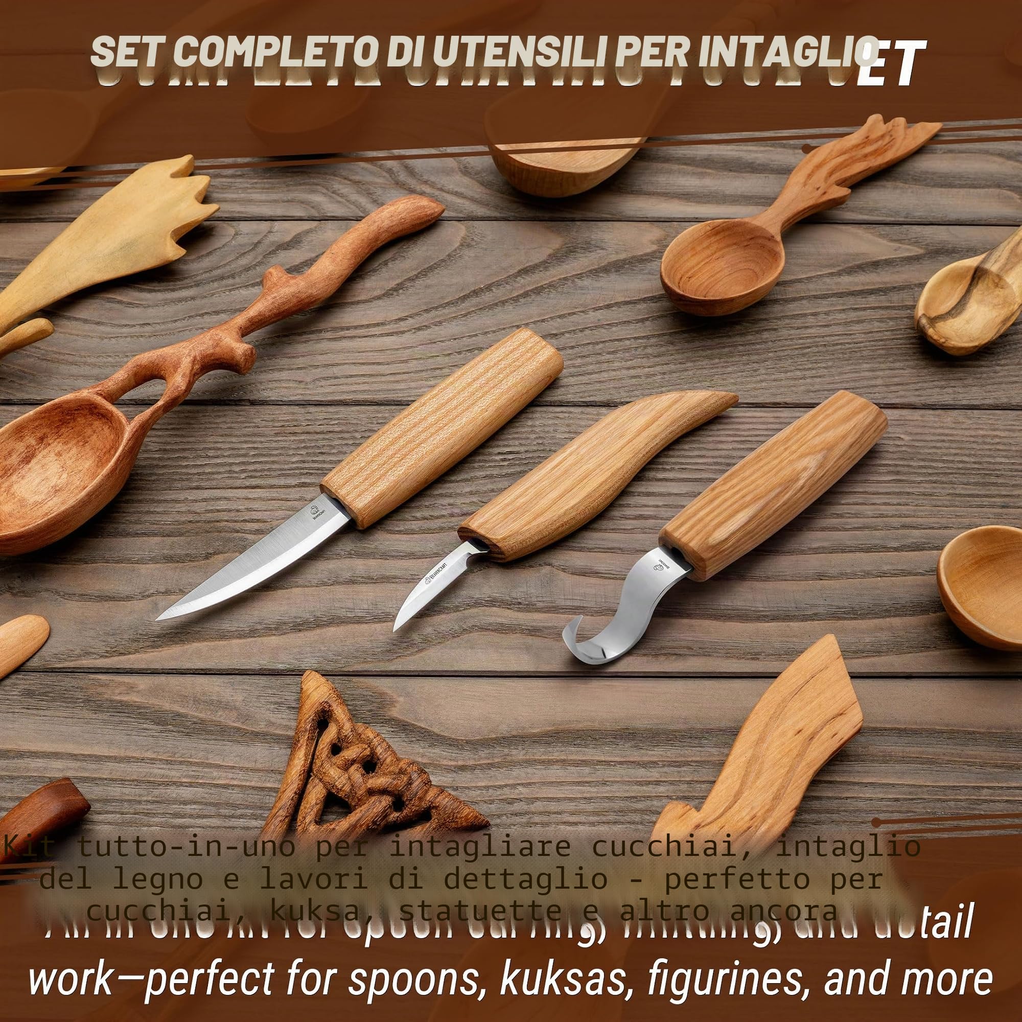 BeaverCraft S13L Set di utensili per intaglio del legno per intaglio di cucchiai Kit per intaglio del legno con 3 coltelli per principianti Uncino Sloyd Coltelli per intagliare cucchiai per mancini