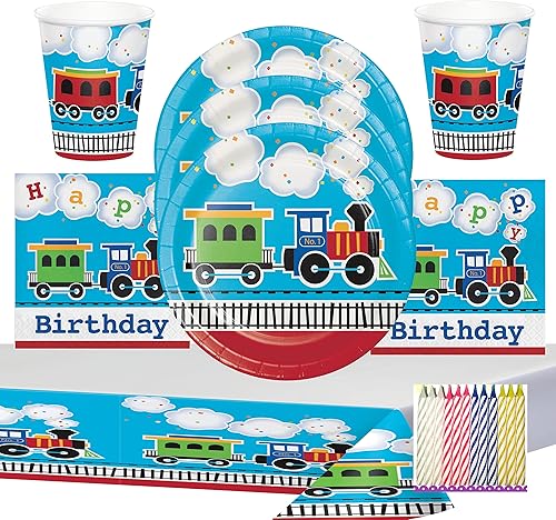 Miniatura 1 de All Aboard Train Party Supplies Pack sirve 16 platos de 9 pulgadas, servilletas de almuerzo y cubierta de mesa con velas de cumpleaños (paquete para