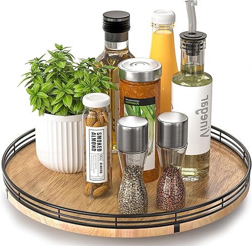 Miniatura 55 de Tabla giratoria redonda de roble de 9 pulgadas para organización en gabinetes, estilo rústico, para almacenamiento en mesa del comedor, despensa,