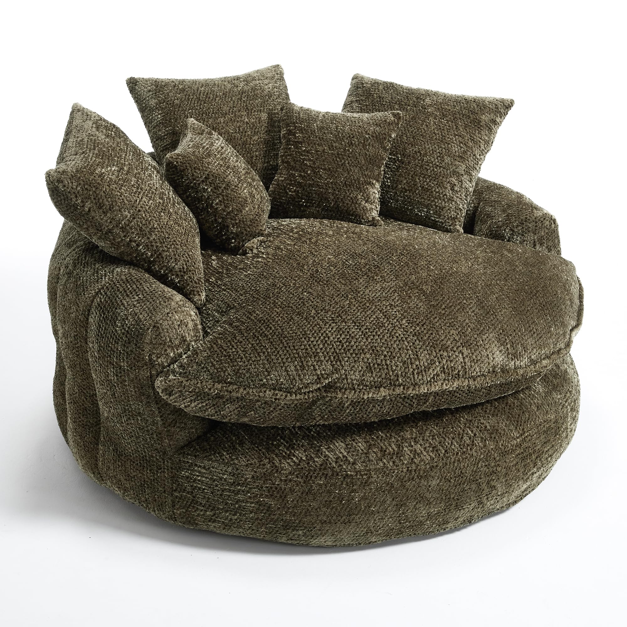 Wrofly 81.1" W Oversized Round Chaise Lounge, Fluffy Lazy Bean Bag Sofa with 14 Pillows, Comfy Chenille Upholstered Barrel Sleeper Bed, Modern Deep Seat Cloud Couch for Living Room, Beige: 66.9'' Green