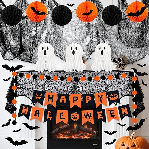 Miniatura 4 de Decoraciones de fiesta de Halloween, 29 piezas de decoración de interiores de Halloween con mantel de tela, tela espeluznante, colgante de fantasma,