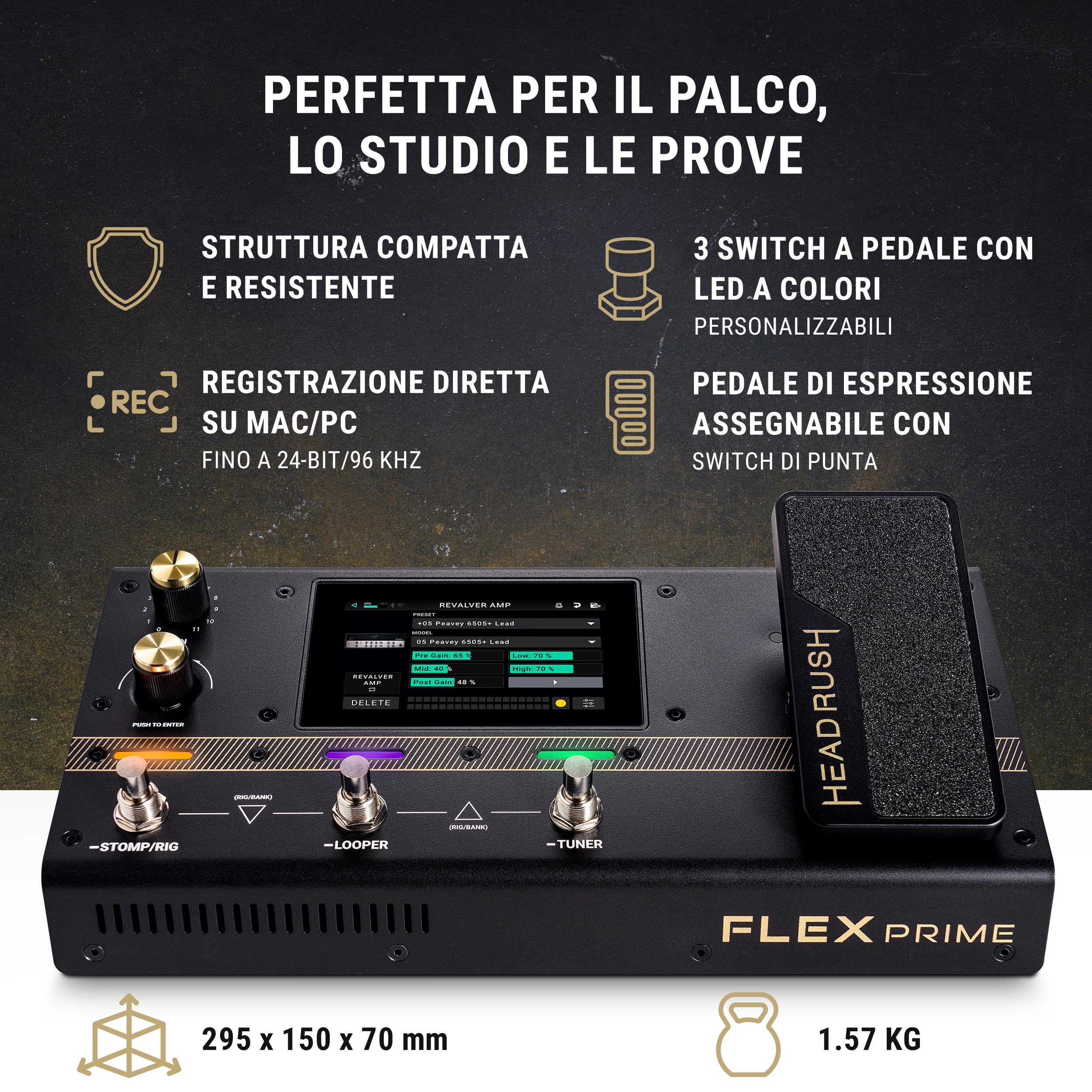 HeadRush Flex Prime - Pedaliera Multieffetto e Amp Modeler per Chitarra e Basso con Touchscreen, Looper, Wi-Fi, Bluetooth, IR Loader, USB, lezioni