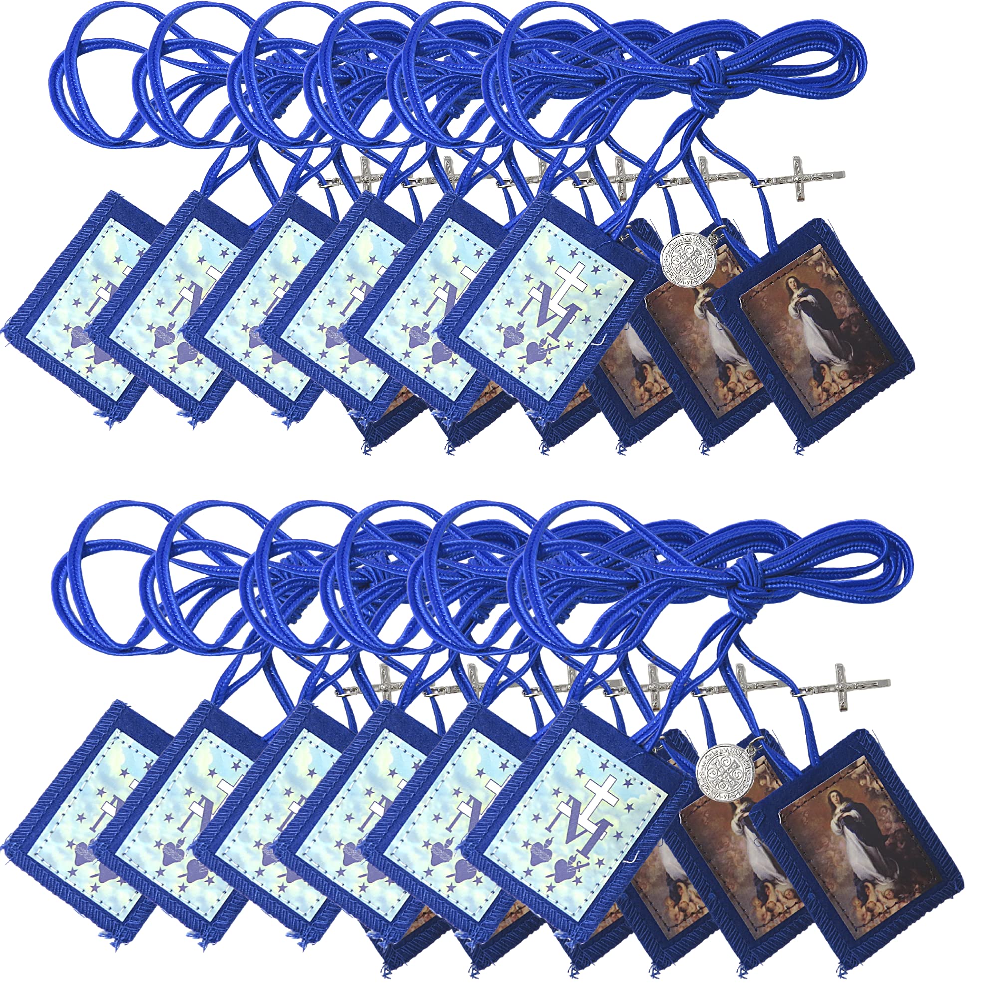Bulk Catholic Scapular Full Color Immaculate Conception Scapulars with Silver Tone Saint Benedict Medal and Crucifix Dangle, 24.5 Inches, Pack of 12