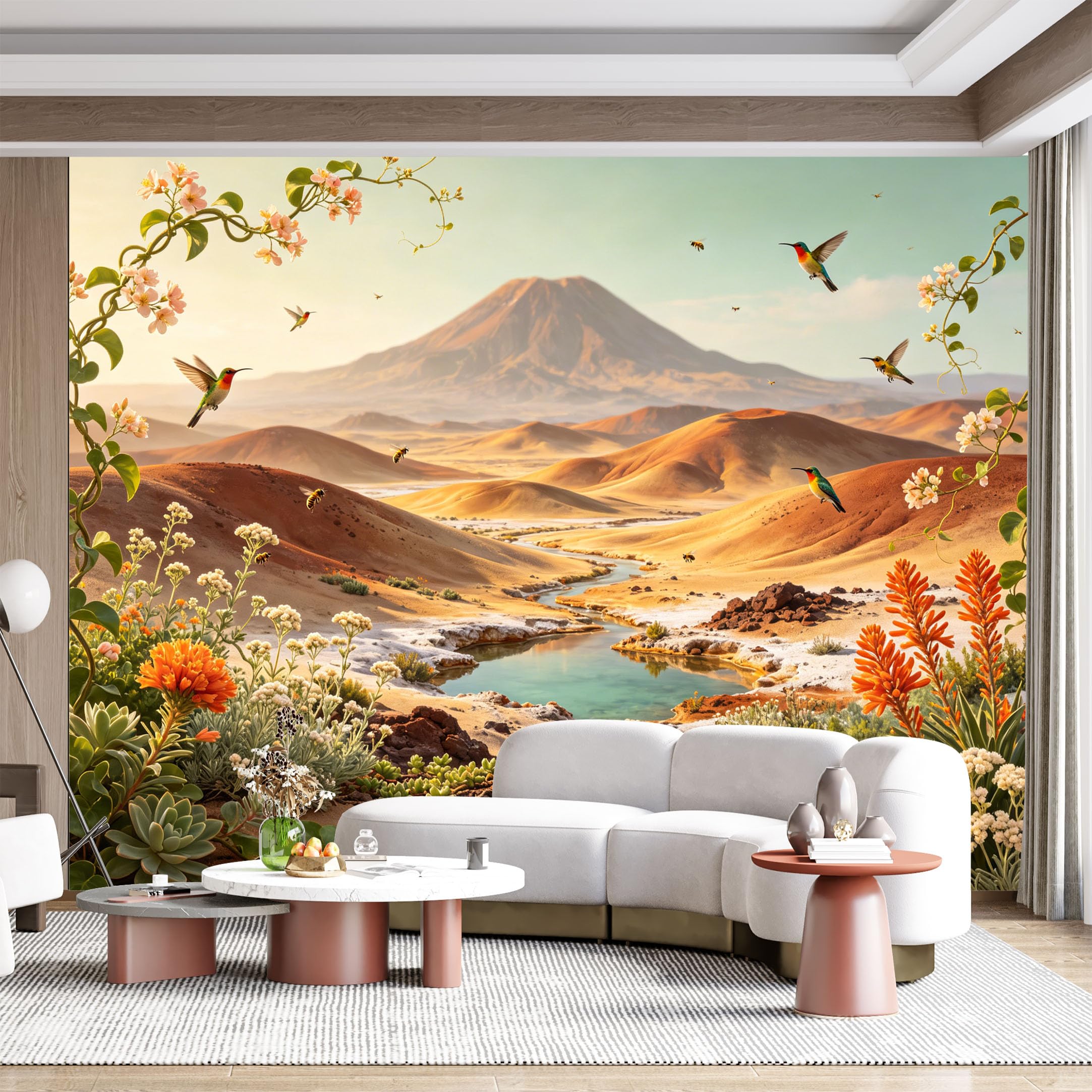 Custom Size Wall Mural Desert Oasis Hummingbirds Watercolor Landscape SelfAdhesive Wall Fabric Removable for Home Office Decor