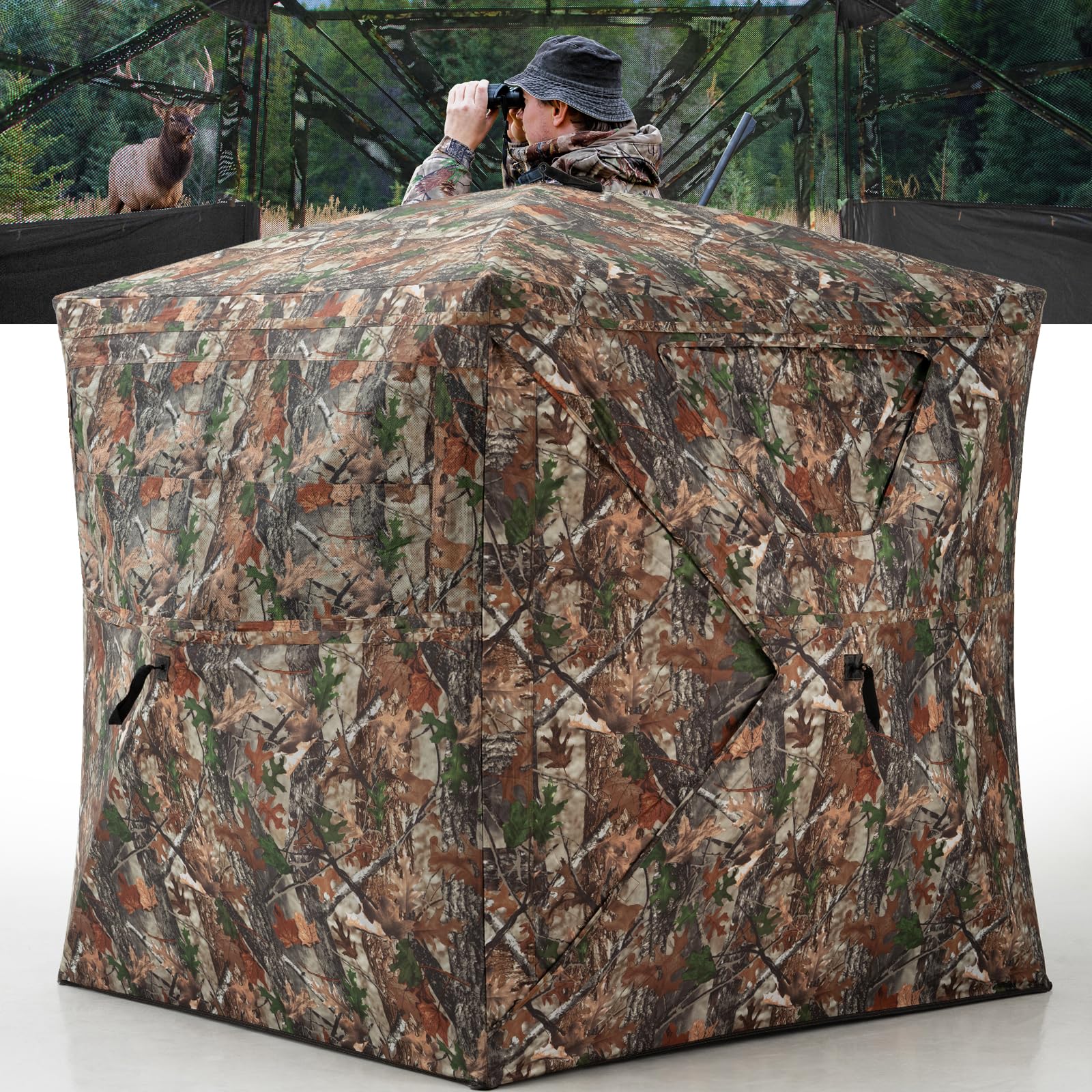 Hunting Blind - 270 Degree See Through Ground Blind for Deer Hunting - 2-3 Person Pop-up Hunting Deer Blind -Turkey Blind - Portable Hunting Blind