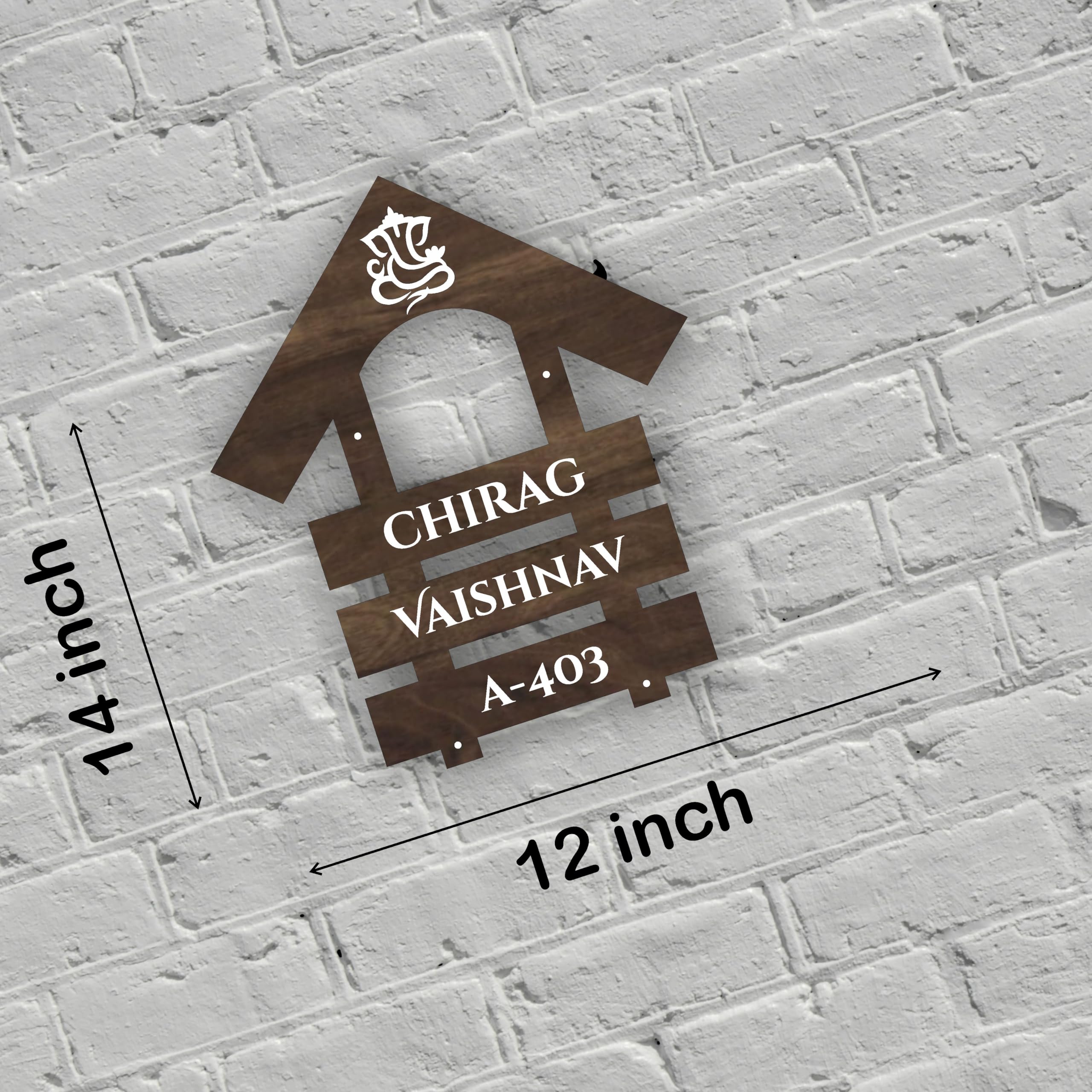 ABAJ Wooden Personalized Name Plate (14*12 Inch) for Home Entrance | Stylish Look & Clear Visible | with 3D Letters | Ideal for Indoor House Villa Bungalow & Flat | Brown with White Letters (CHIRAG) — Amazon image 3