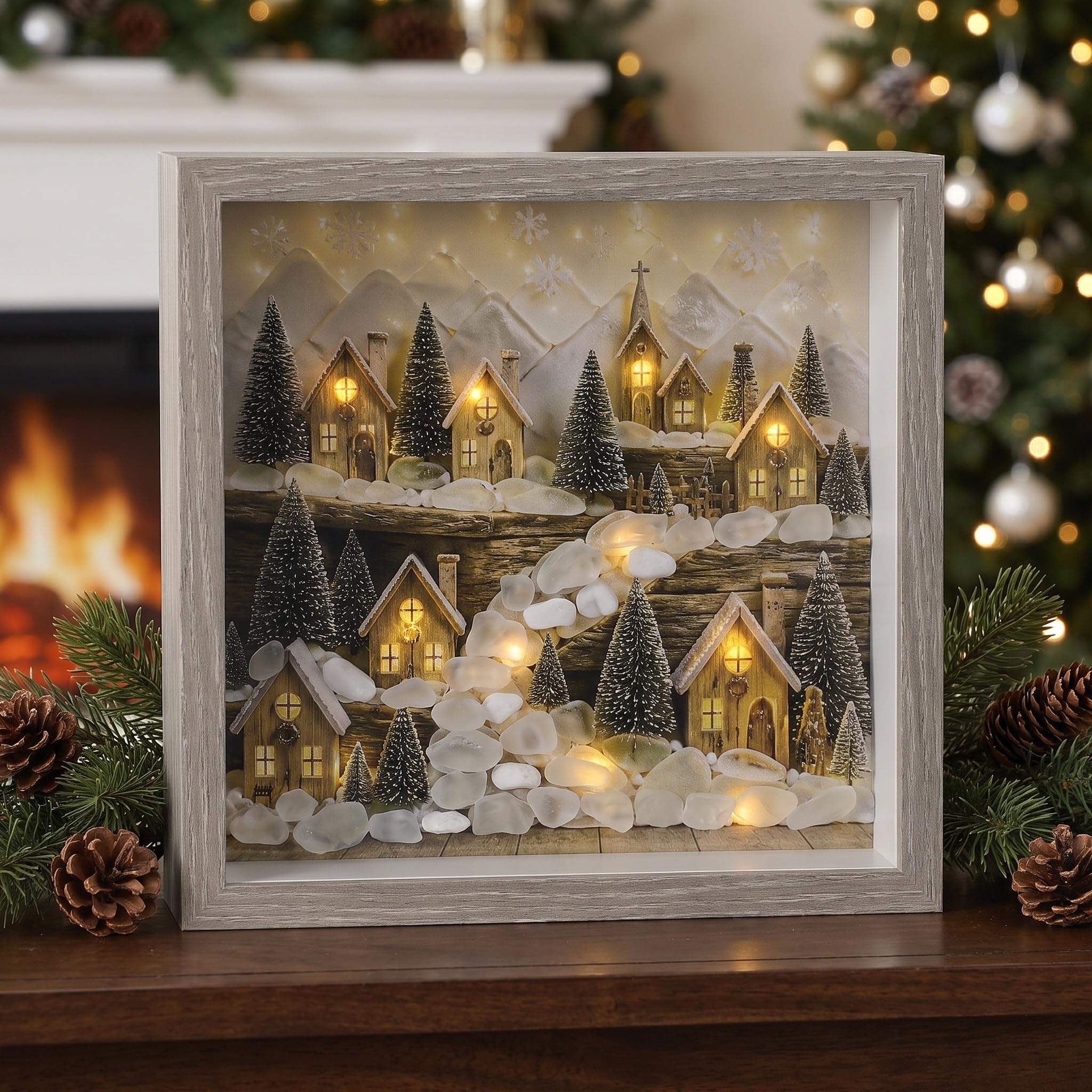 Zerodeko Decoración de pared con diseño de pueblo navideño, marco de fotos rústico iluminado con diseño de pueblo navideño, marco de mesa festivo de invierno, decoración de granja iluminada para