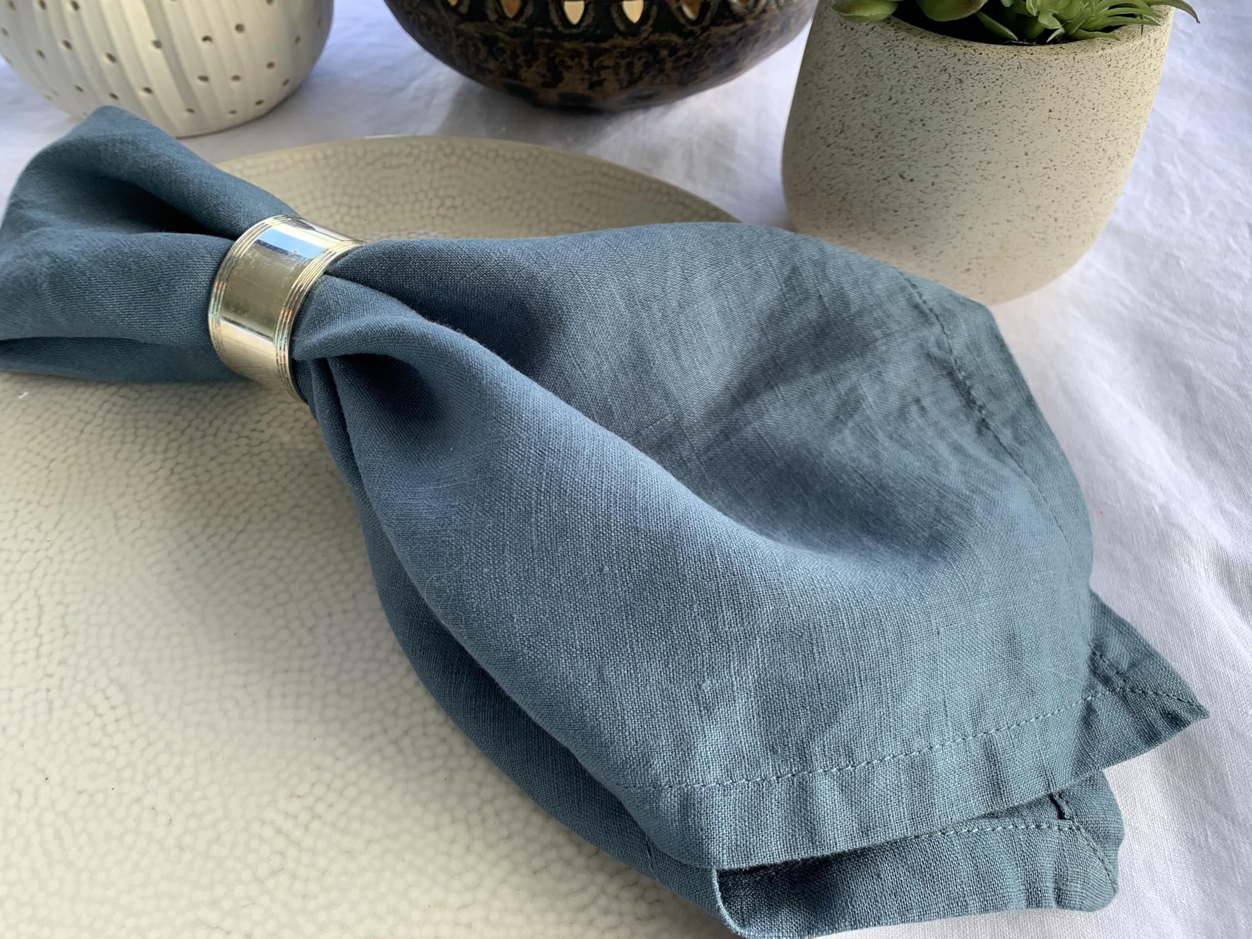 Eight Owls Linen Napkins - 100% Pure Stonewashed Linen Cloth Napkins - Mitered Corners - Size 45 cm x 45 cm - Set of 4 (Soft Teal Blue) - Image 3