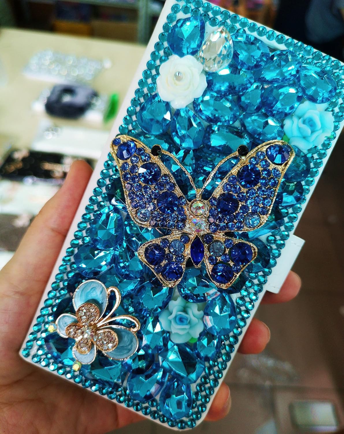 Girly Wallet Case with 2PCS Glass Screen Protector Bling Diamonds Leather Filo Stand Wallet Phone Cover with Lanyards for Women (Blue Butterfly Flowers,for AT&T Motivate 4)