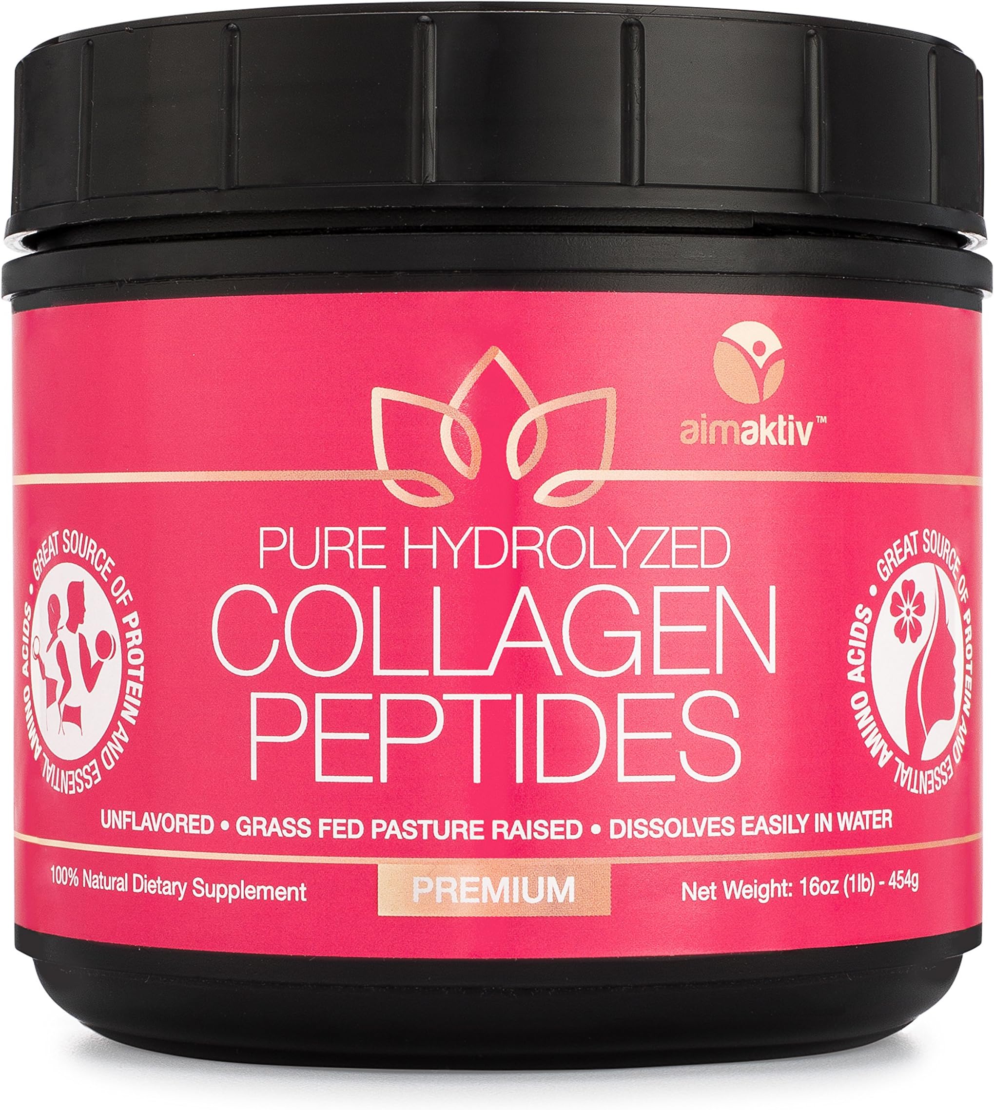 Collagen Peptides Powder - 16oz, 41 Servings, Type 1 & 3 Bovine, Rich in Protein, Grass-Fed, Pasture-Raised, Hydrolyzed for Highest Absorption, Natural, Non-GMO, Gluten Free, Unflavored, Easy to Mix
