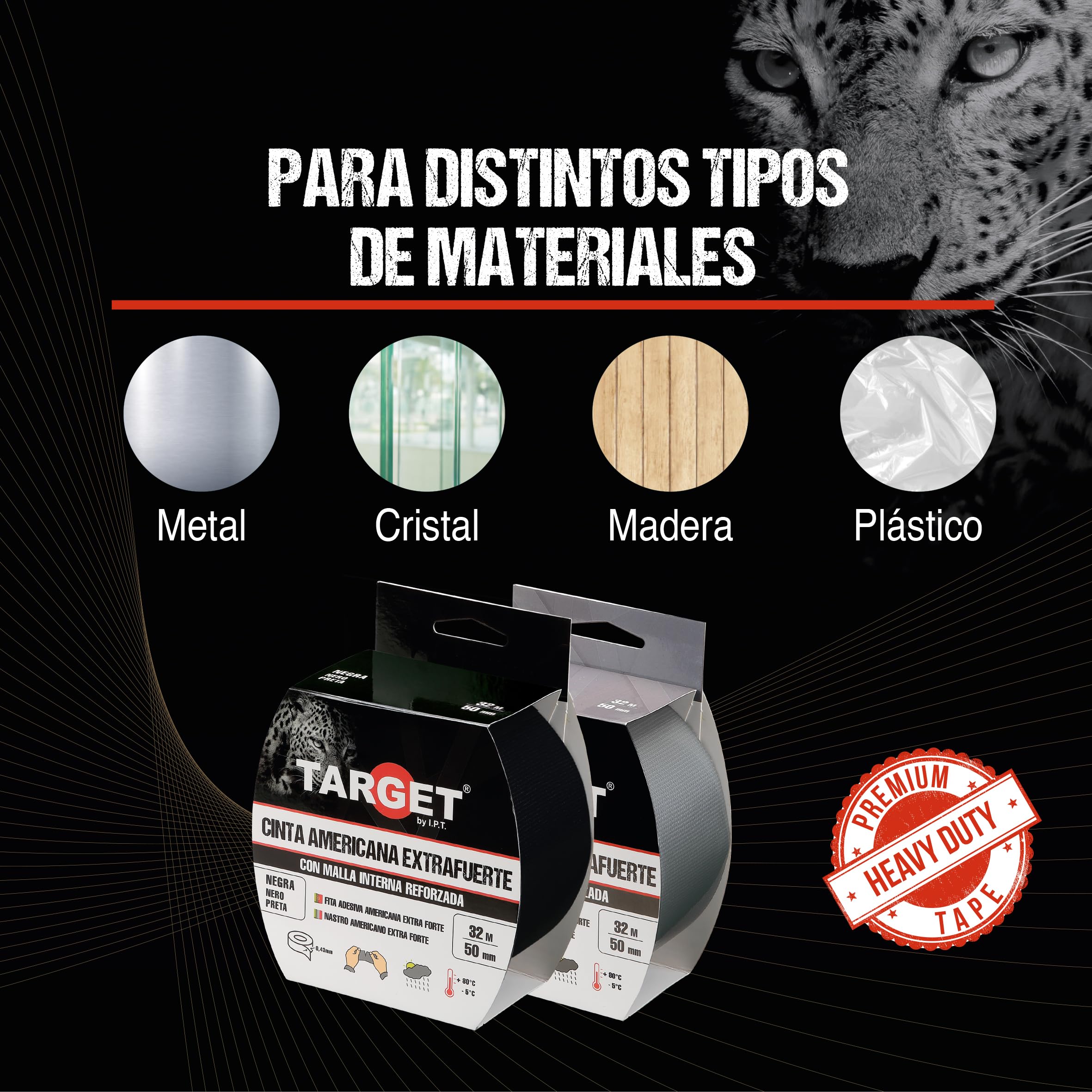 TARGET CTN1050N - Cinta Americana Extrafuerte, Heavy Duty | Reforzada con malla, Hasta 0,43mm de grosor (NEGRO, 10M X 50mm)