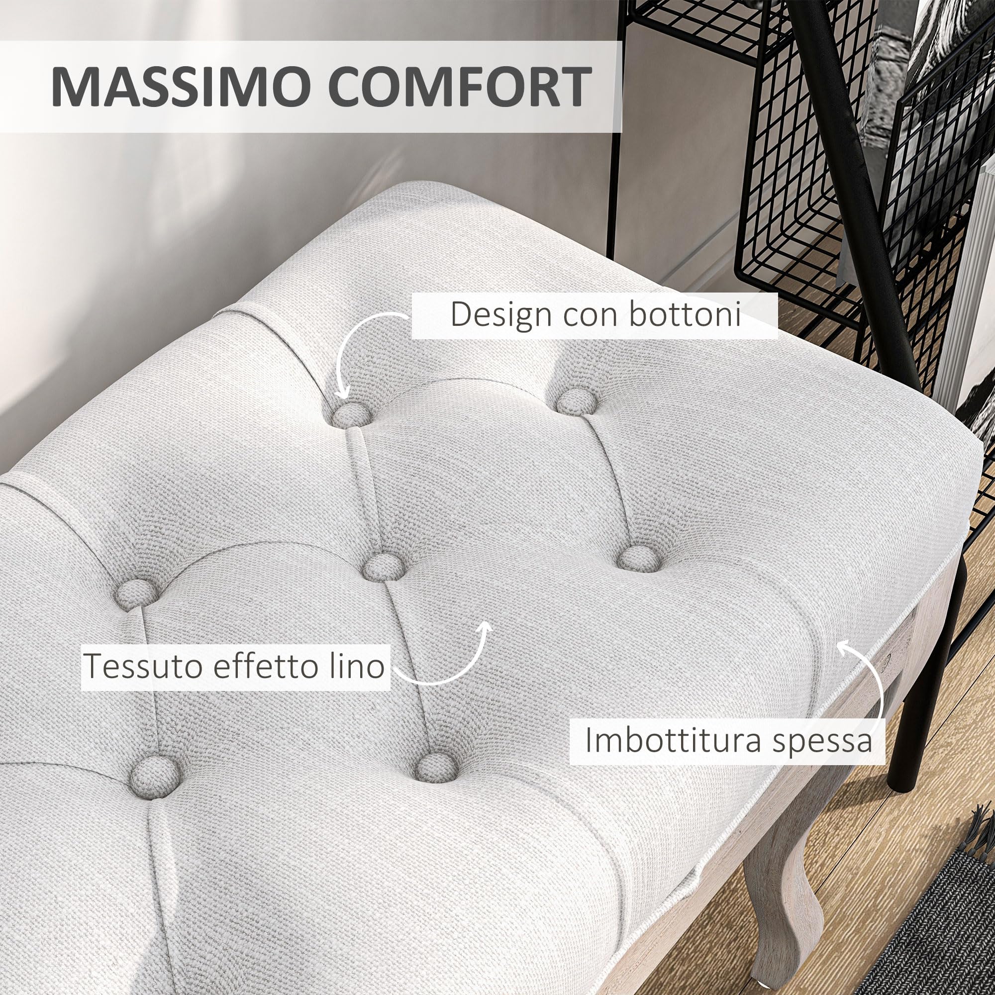 HOMCOM Taburete Pie de Cama Banco para Pie de Cama con Pies de Madera y Asiento Acolchado Carga 120 kg Banqueta de Dormitorio para Entrada Pasillo 110x37x49 cm Crema