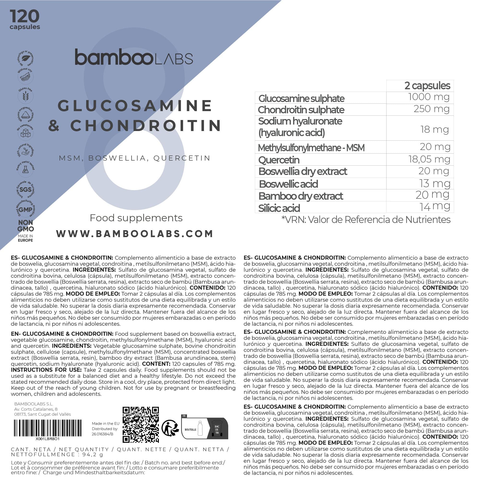 Bamboo Labs - Glucosamina, Condroitina, MSM, Boswellia, Acido Ialuronico e Quercetina, 120 Capsule Articolazioni e Cartilagine Integratori, Antiinfiammatorio Naturale per il Dolore alle Articolazioni