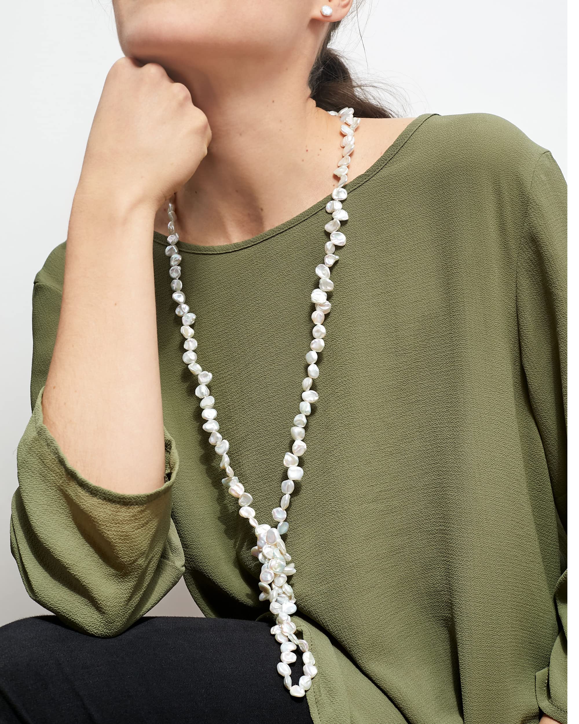 Secret & You Collar de Perlas de Mujer Cultivadas de Agua Dulce Barrocas Keshi de 120 cm de Largo Perlas Barrocas Keshi Desde 7-9 hasta 10-11 mm con Nudo Cada 4 Perlas.