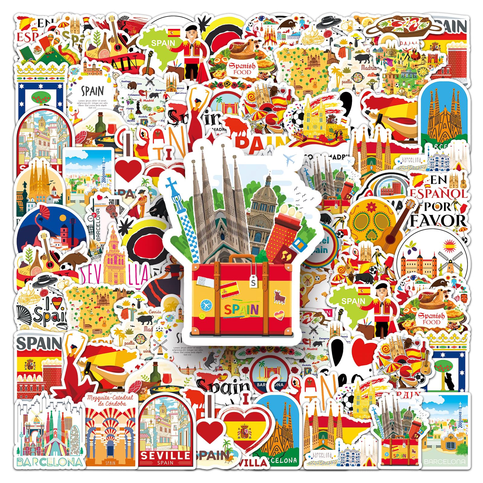 Spain Travel Scrapbook Stickers 50pcs Spanish Landmark Culture Designs for Laptops Bottles Suitcases Holiday Theme Pack for Teens Adults DIY Decoration Craft Use - Image 3