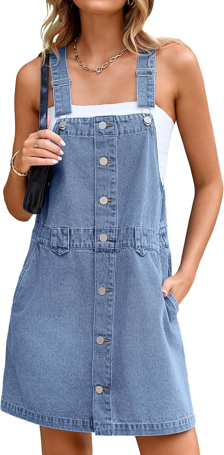 Glamaker Women's Denim Overall Dress Jean Sleeveless 2025 Mini Pinafore Casual Button Dress with Pocket