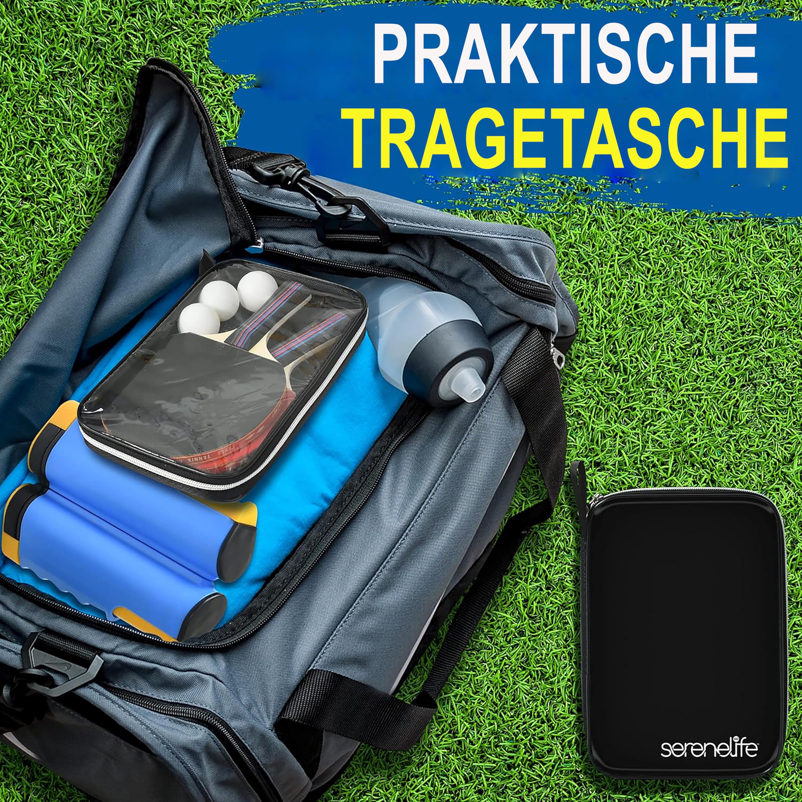 SereneLife Tischtennis Set mit 2 Schlägern 3 Bällen und Tragetasche – Einziehbares Netz Verstellbar für Indoor Outdoor Familie Anfänger mit Kontrolle und Komfort