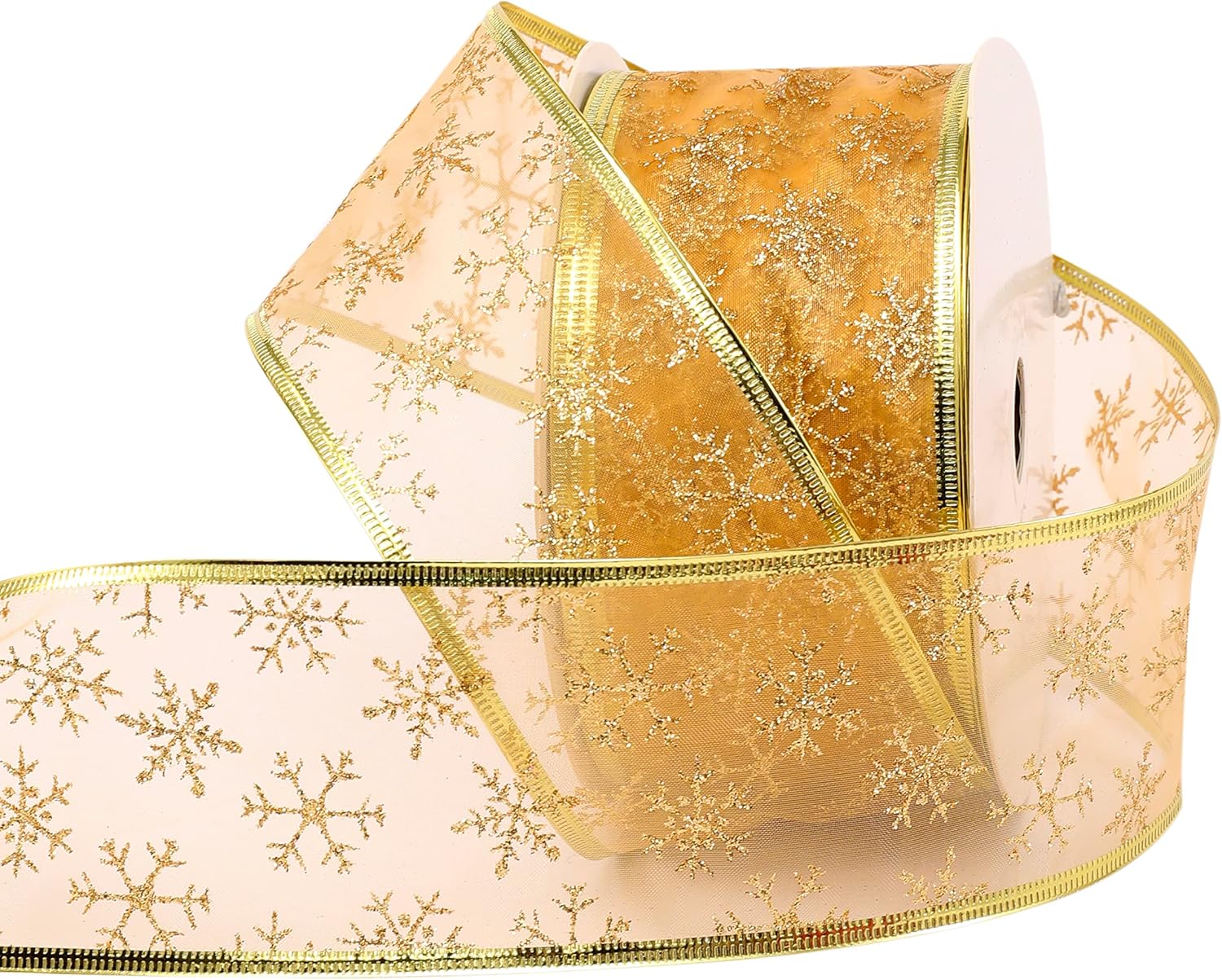 2.5 Inch x 50 Yards Gold Christmas Wired Ribbon, Gold Tree