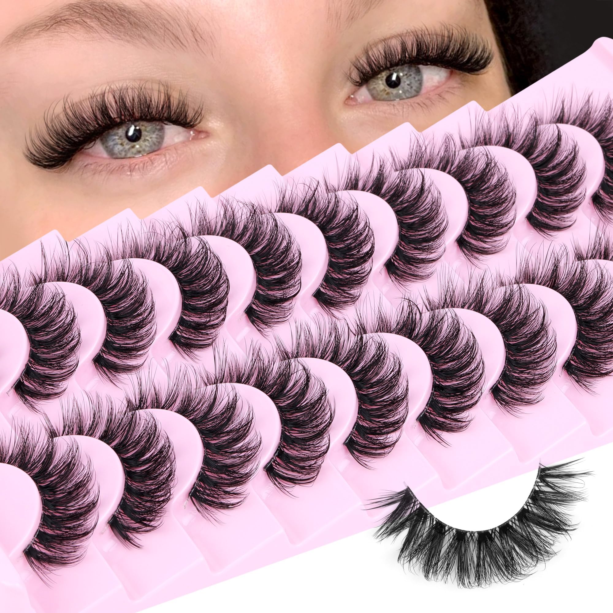 Natural Lashes Fluffy False Eyelashes Wispy Lashes 3D Volume Strip Lashes 14mm D Curly Fake Eyelashes with Clear Band 10 Pairs Eye Lashes by Calphdiar