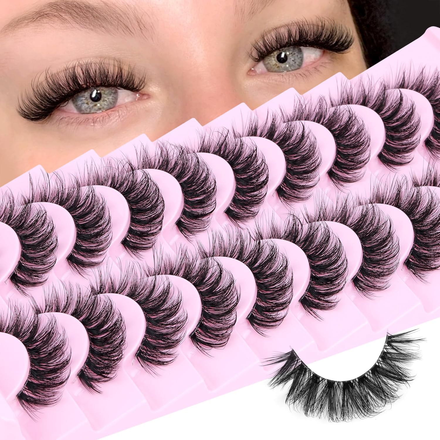 Natural Lashes Fluffy False Eyelashes Wispy Lashes 3D Volume Strip Lashes 14mm D Curly Fake Eyelashes with Clear Band 10 Pairs Eye Lashes by Calphdiar