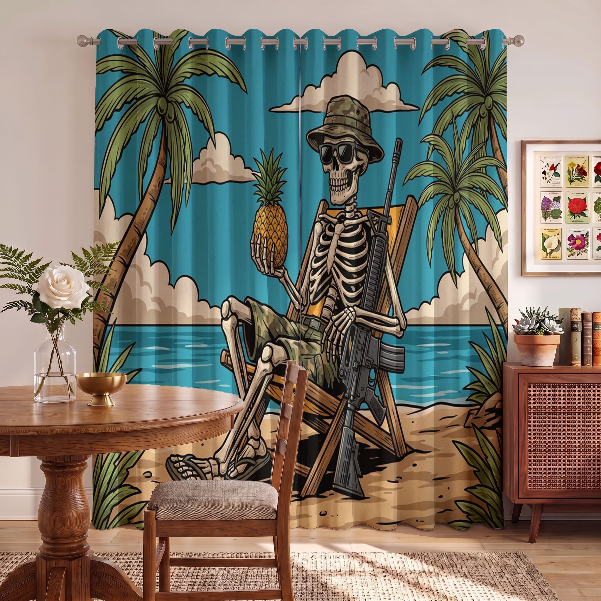 Animationsstil Verdunklungsvorhänge H140 x B90 cm (2er Pack) Set Blickdicht Gardinen Mit Ösen Für Wohnzimmergothic-Schädel Vorhänge Schlafzimmer Kinderzimmer - Blaugrün