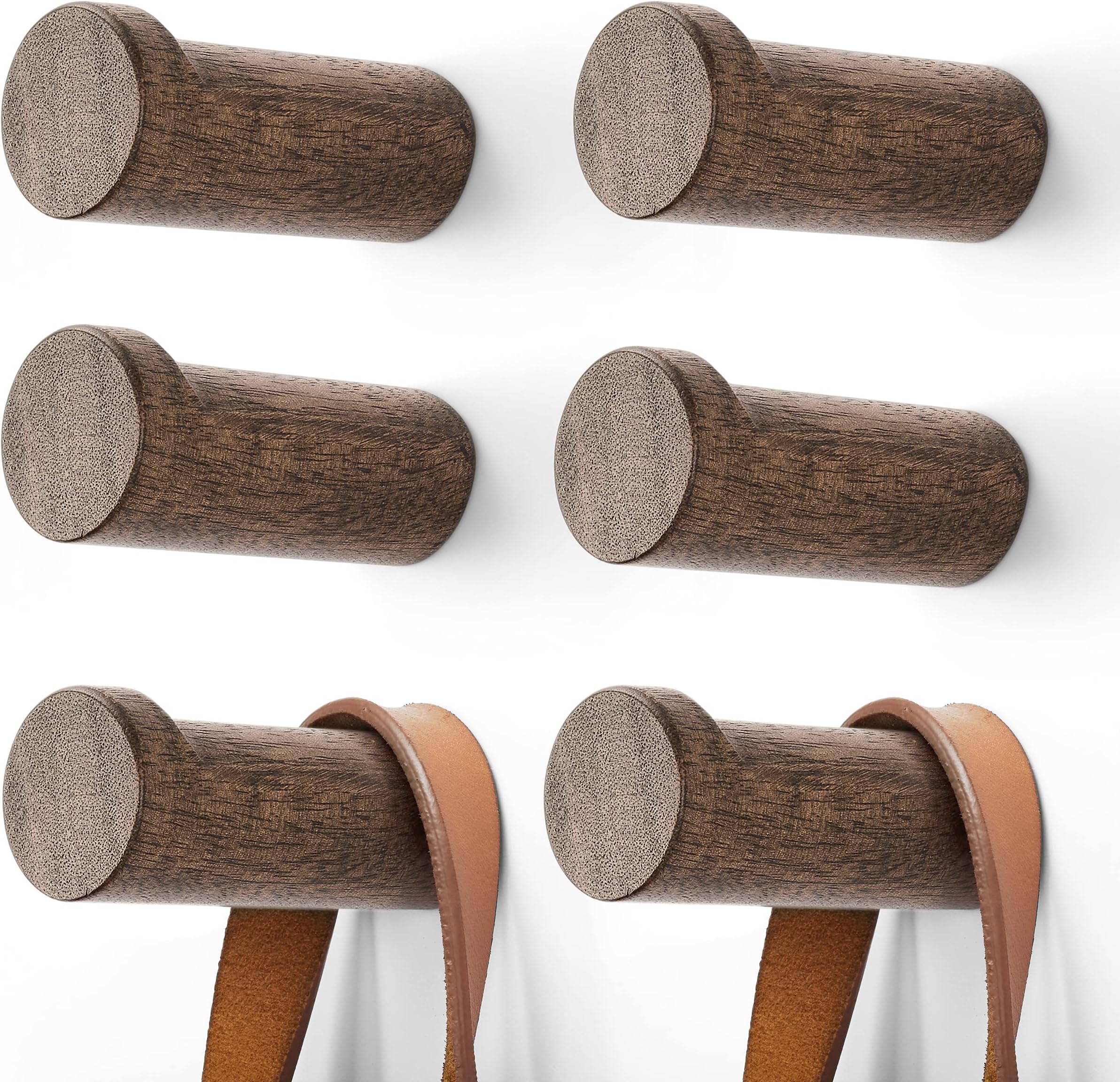 Wooden Coat Hook Wall Mounted (6 Packs) Hat Hooks, Single Coat Hat Rack Wall Mount, Wood Coat Hanger for Hanging Hat, Towel, Bag, Rope (Dark Grey, 3" Set 6)