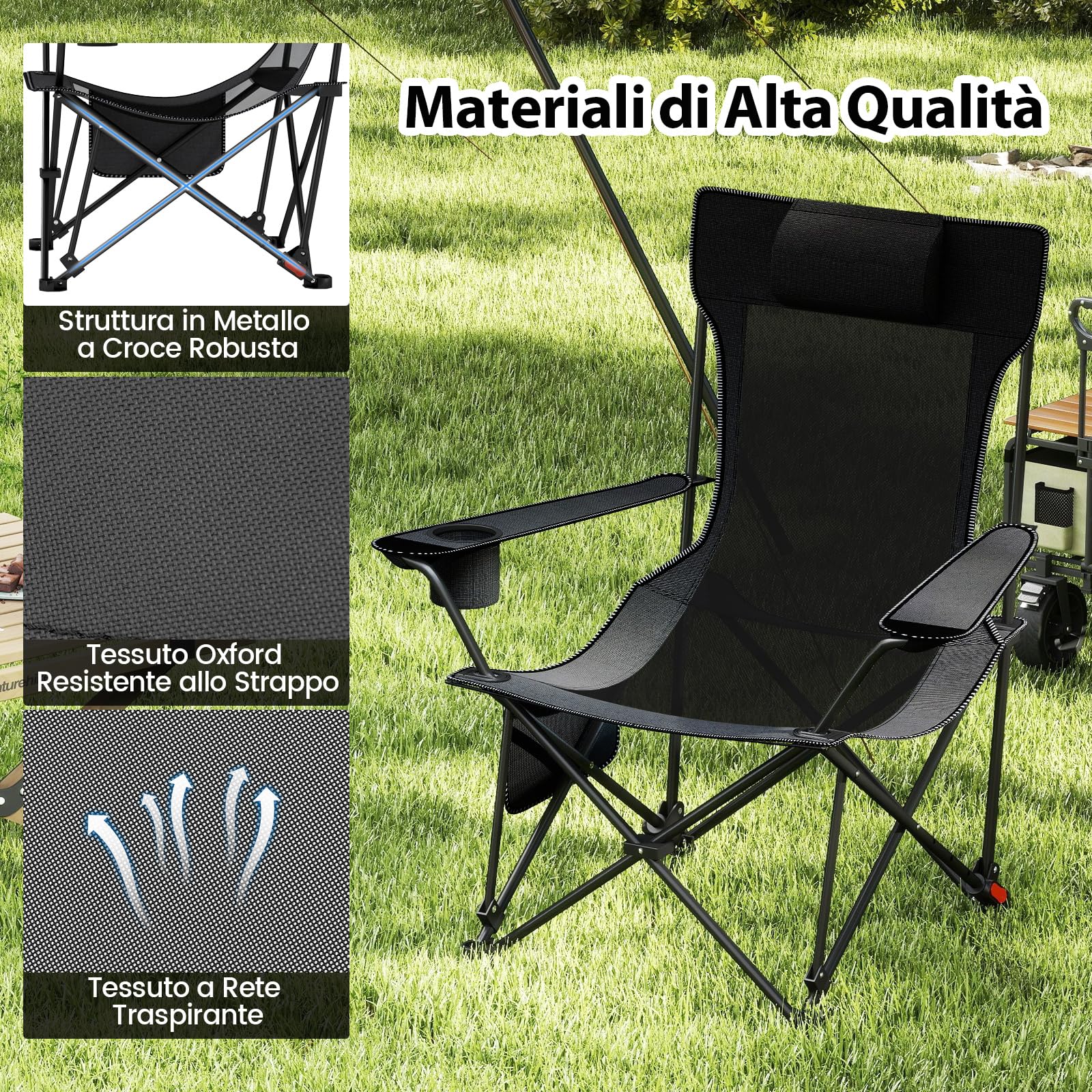 COSTWAY Sedia da Campeggio Pieghevole con Poggiapiedi Rimovibile, Schienale Reclinabile, Portata 150 kg, Tela Oxford Grigio