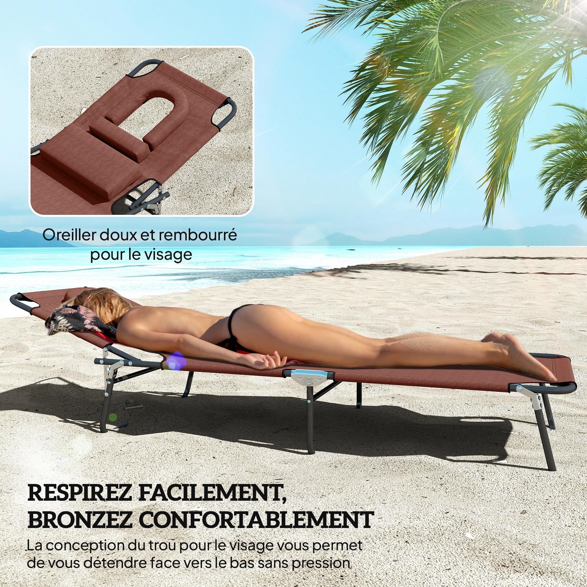 Outsunny Bain de Soleil Pliable transat inclinable 4 Positions Chaise Longue 3 Coussins fournis Marron