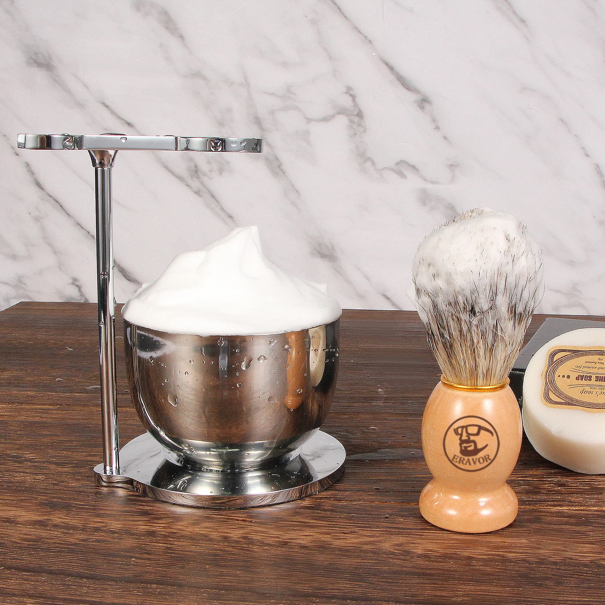 Ensemble de rasage 3 en 1 avec brosse à raser, bol à poils de blaireau et support en acier inoxydable universel pour hommes cadeau de rasage humide (03)