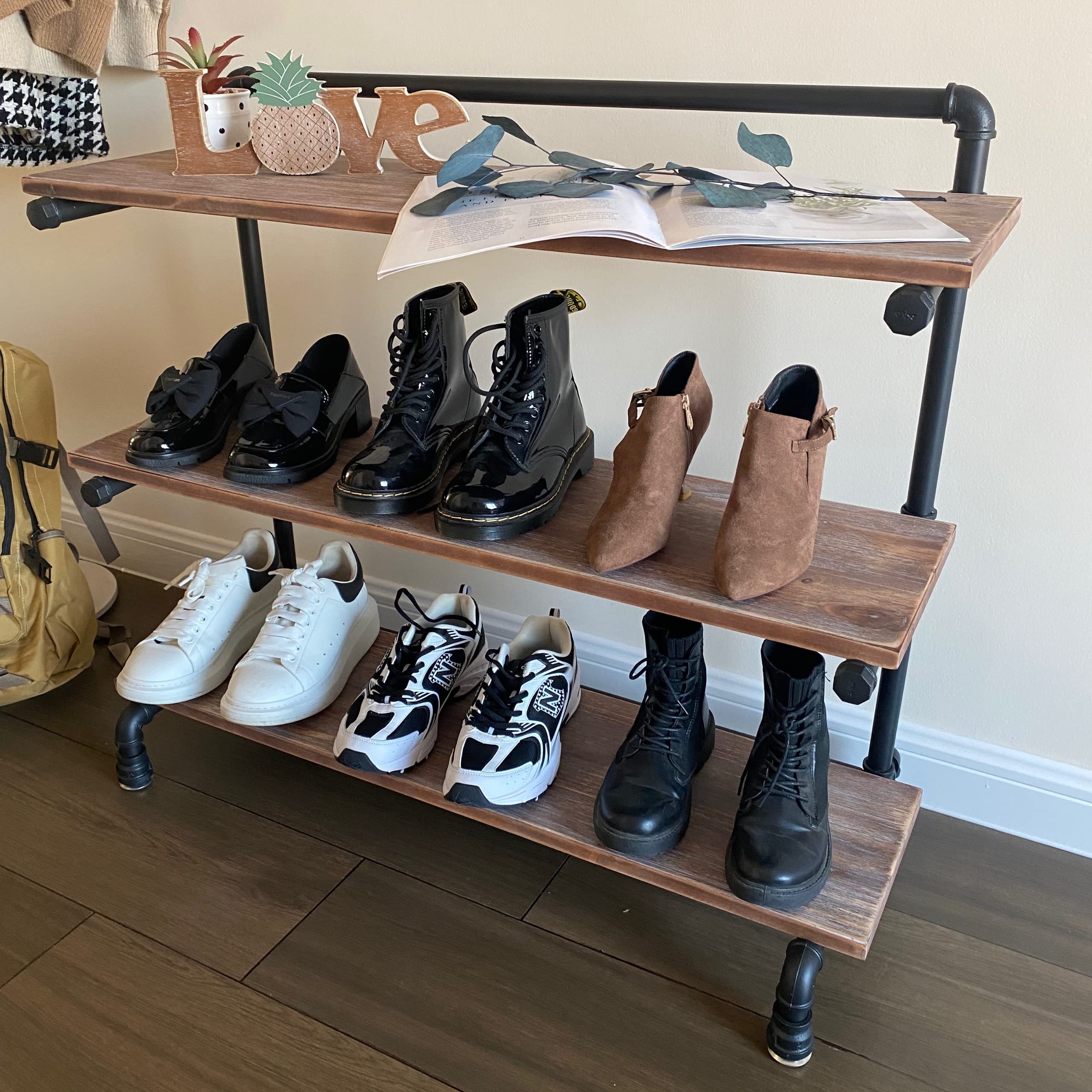 MEYRUOXI Shoe Rack or Entryway With Solid Wood Planks and Industrial Metal Pipes, Shoe Rack For Closet, Free Standing Shoe Racks, For Entryway, Closet, Bedroom, Living Room (36 inch)