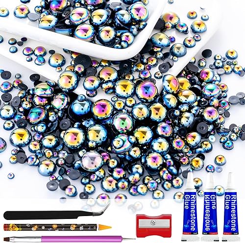 Miniatura 56 de 60g de perlas blancas de parte trasera plana con diamantes de imitación para manualidades, tamaño mixto de 3mm-10mm, color AB, redondas, mitad