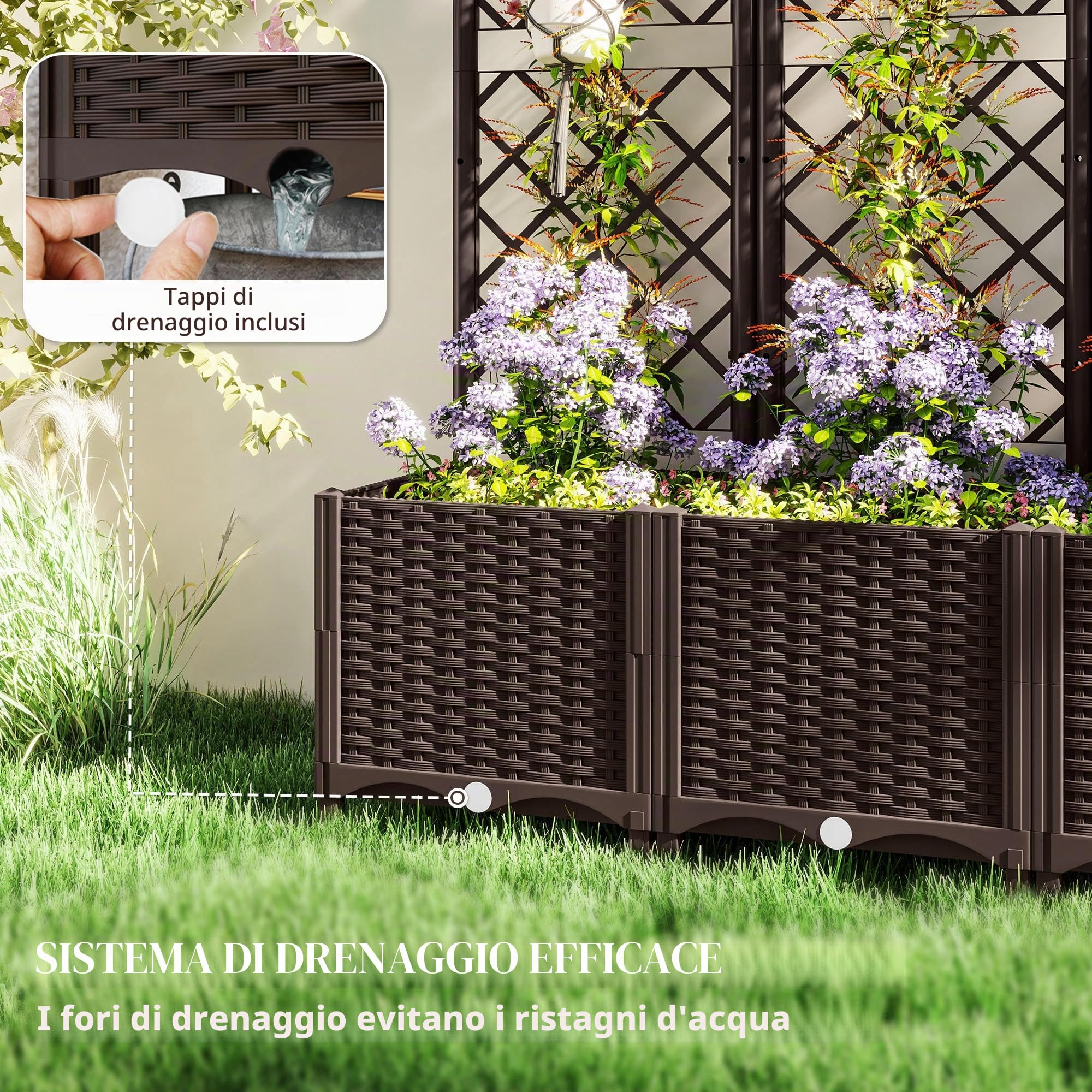Outsunny Fioriera rialzata con traliccio 120x40x135 cm Marrone | Fioriera da esterno, 6 fori di drenaggio, serbatoi d'acqua, cassetta per fiori per balcone terrazza patio