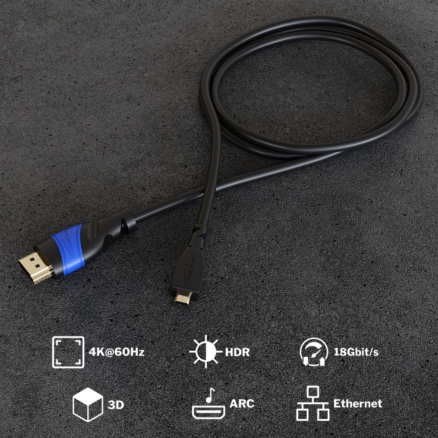 KabelDirekt – Cavo Micro-HDMI, struttura infrangibile – 5 m (da HDMI a Micro-HDMI, bidirezionale, 4K@60Hz, Ultra HD, High Speed con Ethernet, per tablet/fotocamere/Raspberry Pi, nero)