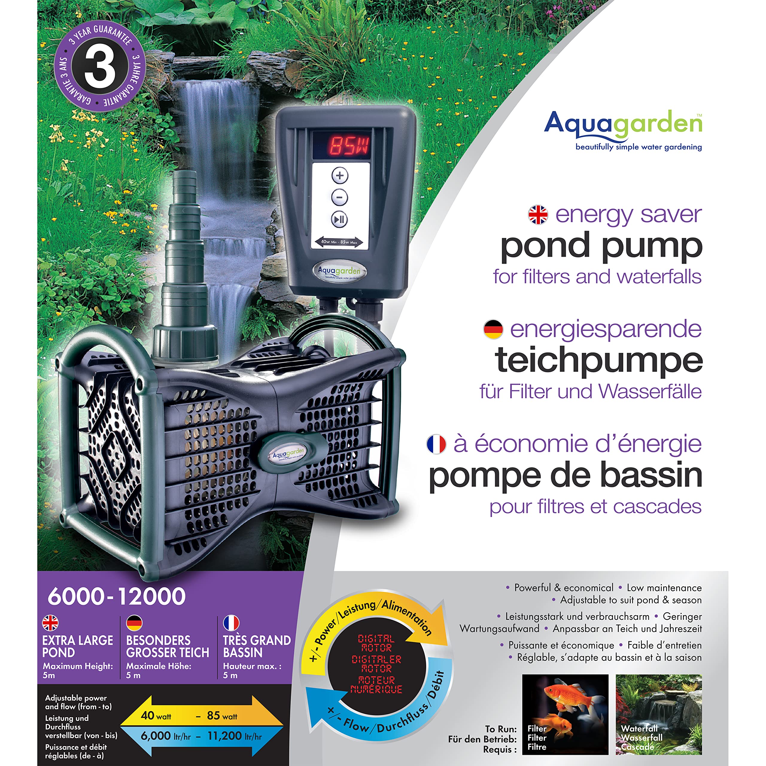 Aquagarden, Pompe de Bassin à économie d’énergie, pour Les fontaines, Les Cascades et Les éléments Aquatiques, Puissance et débit d’Eau réglables, Convient à Un pompage Jusqu’à 12000 litres
